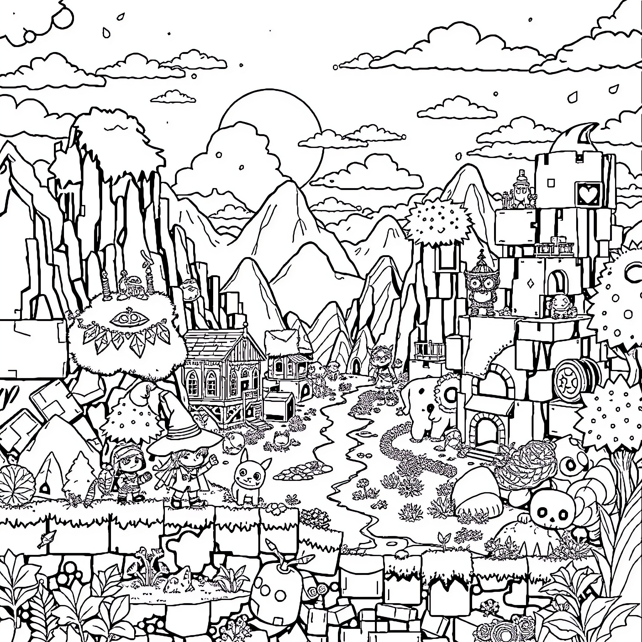 Deltarune: Whimsical Landscape with Fantasy Creatures Coloring Page (free black-and-white line drawing printable PDF for all, from beginners to advanced learners, including children, teens, adults, and seniors)