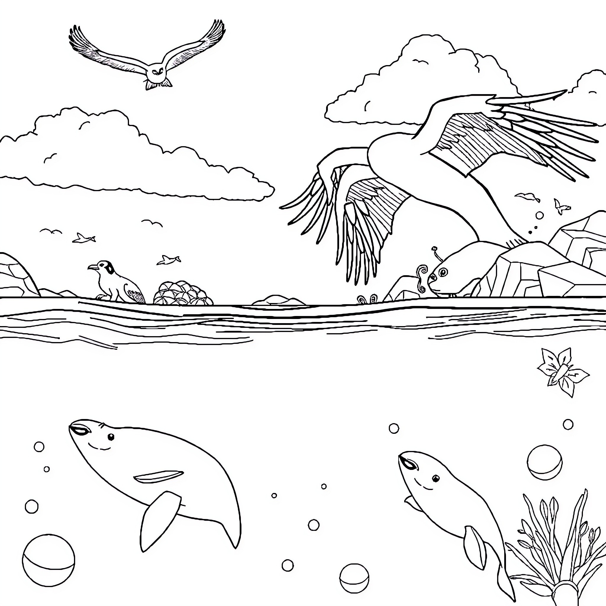 Bear soaring through cloudy skies over aquatic wildlife Coloring Page (free black-and-white line drawing printable PDF for all, from beginners to advanced learners, including children, teens, adults, and seniors)