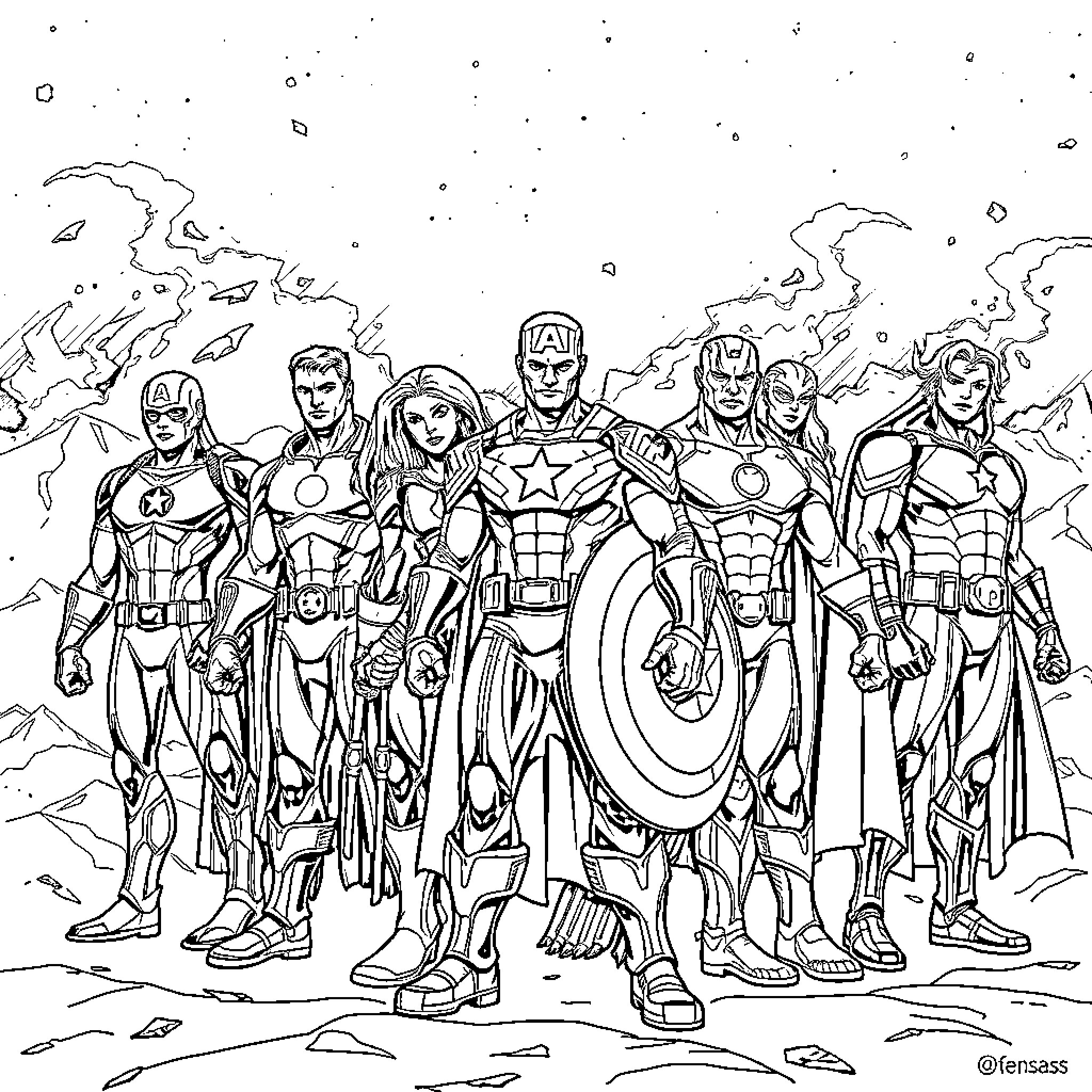 Avenger heroes gathered in dramatic pose Coloring Page (free black-and-white line drawing printable PDF for all, from beginners to advanced learners, including children, teens, adults, and seniors)