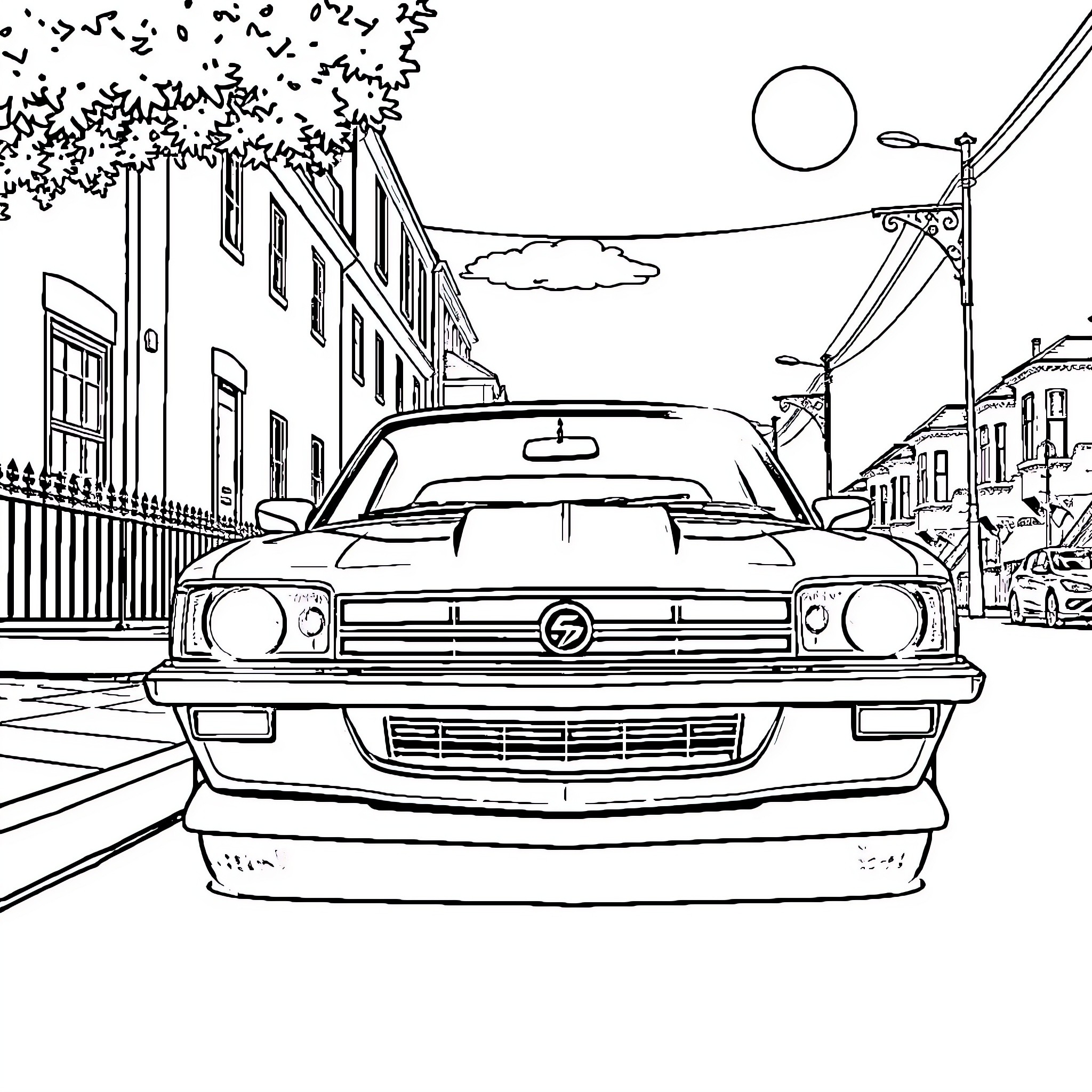 Vauxhall Nova parked on urban street Coloring Page (free black-and-white line drawing printable PDF for all, from beginners to advanced learners, including children, teens, adults, and seniors)