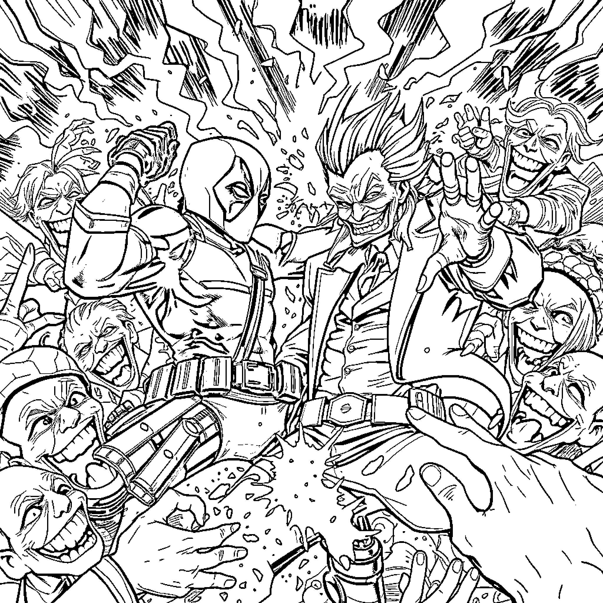 Deadpool in an action-packed scene with villains Coloring Page (free black-and-white line drawing printable PDF for all, from beginners to advanced learners, including children, teens, adults, and seniors)