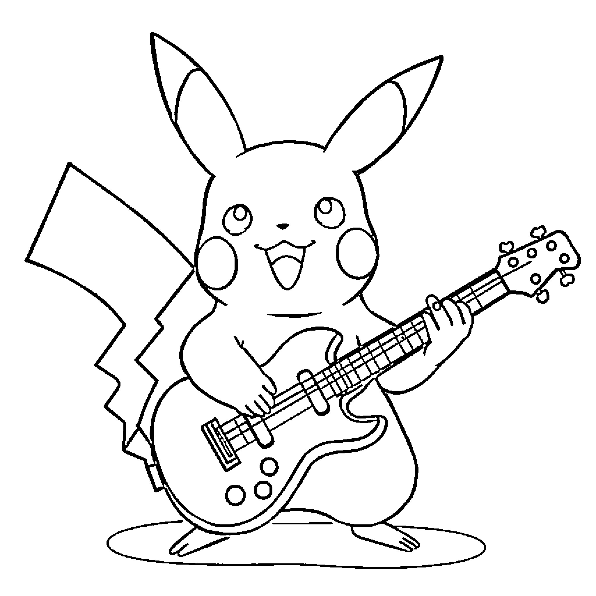 Pikachu Plays Electric Guitar Coloring Page (free black-and-white line drawing printable PDF for all, from beginners to advanced learners, including children, teens, adults, and seniors)