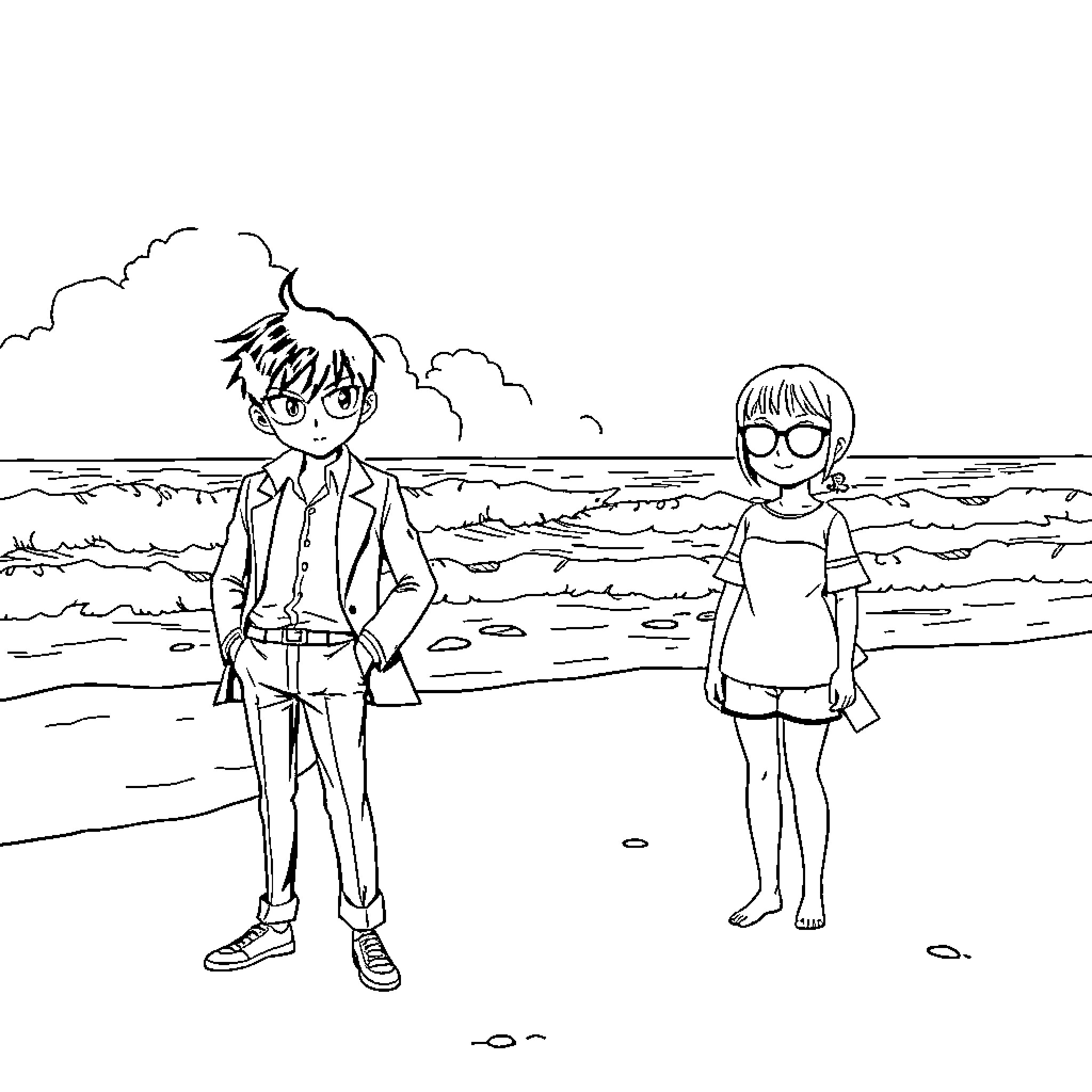 Detective Conan: Characters on the Beach Coloring Page (free black-and-white line drawing printable PDF for all, from beginners to advanced learners, including children, teens, adults, and seniors)