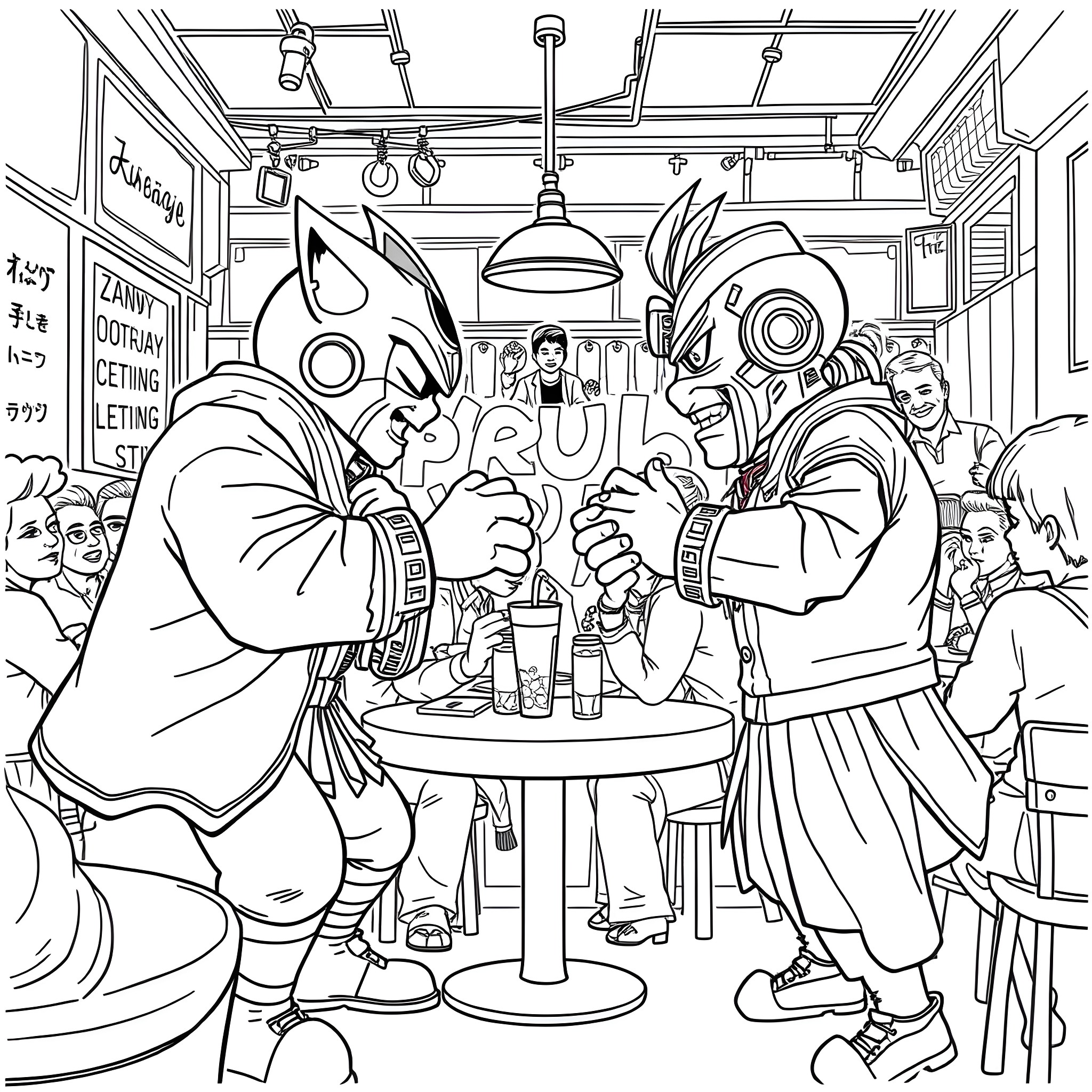 Tung Tung's Lively Gathering in the Bustling Cafe Coloring Page (free black-and-white line drawing printable PDF for all, from beginners to advanced learners, including children, teens, adults, and seniors)