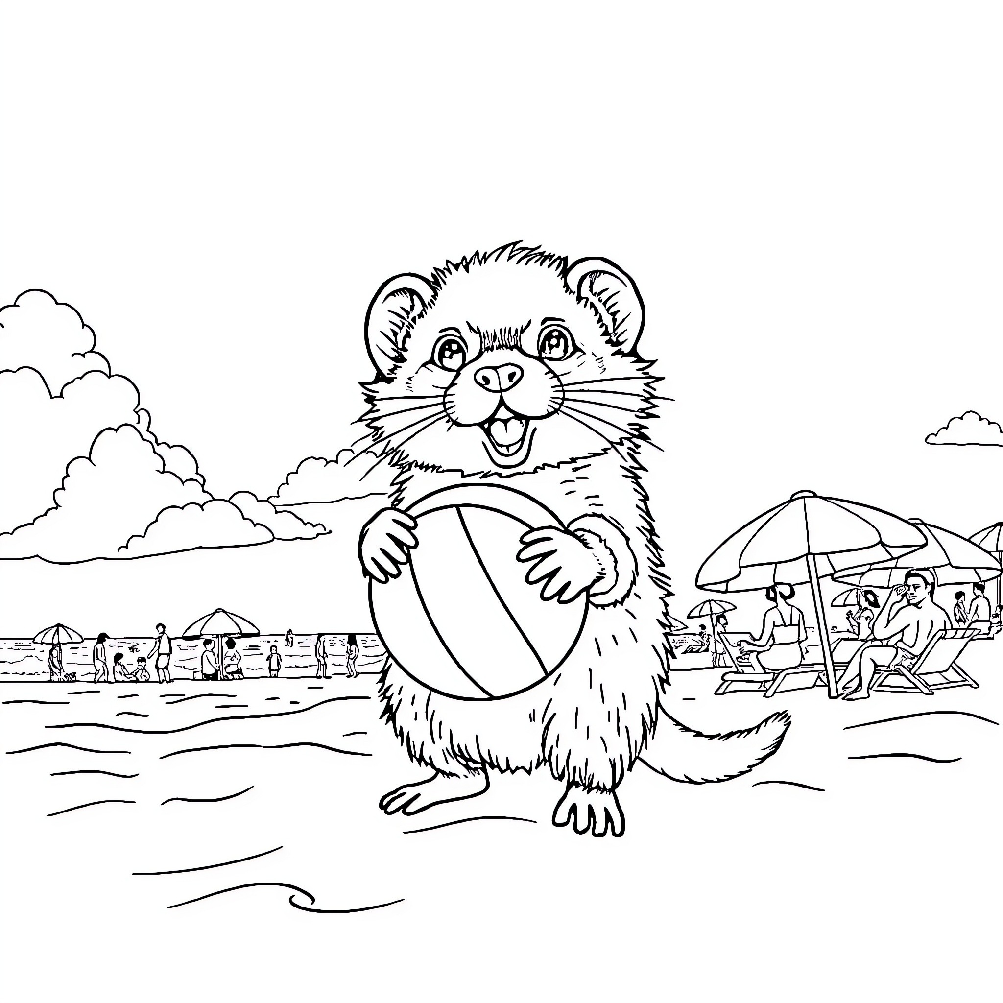 Ferret playing with beach ball at the seaside Coloring Page (free black-and-white line drawing printable PDF for all, from beginners to advanced learners, including children, teens, adults, and seniors)