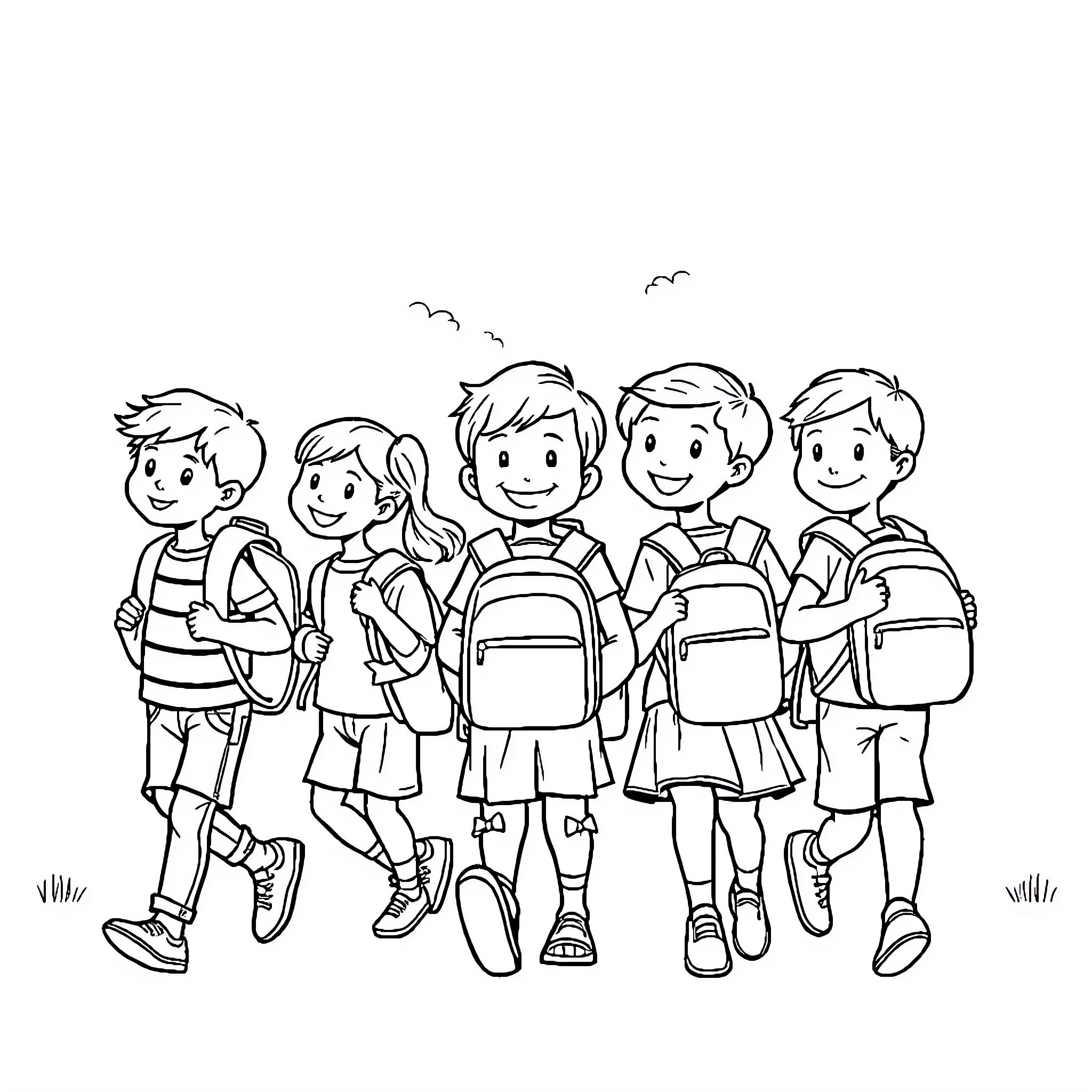 Kids Heading to School Together Coloring Page (free black-and-white line drawing printable PDF for all, from beginners to advanced learners, including children, teens, adults, and seniors)
