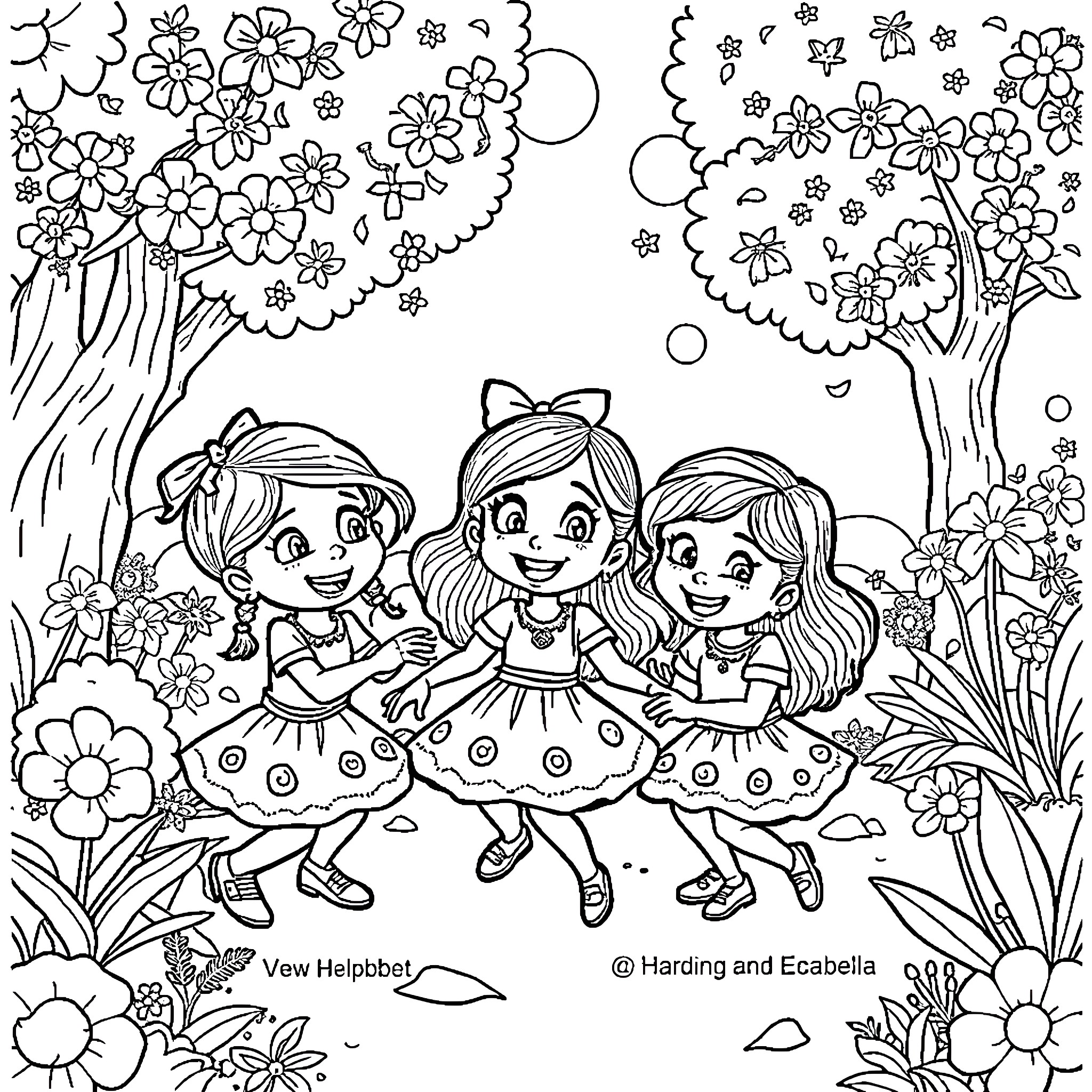 Mirabel and her friends in a floral wonderland Coloring Page (free black-and-white line drawing printable PDF for all, from beginners to advanced learners, including children, teens, adults, and seniors)