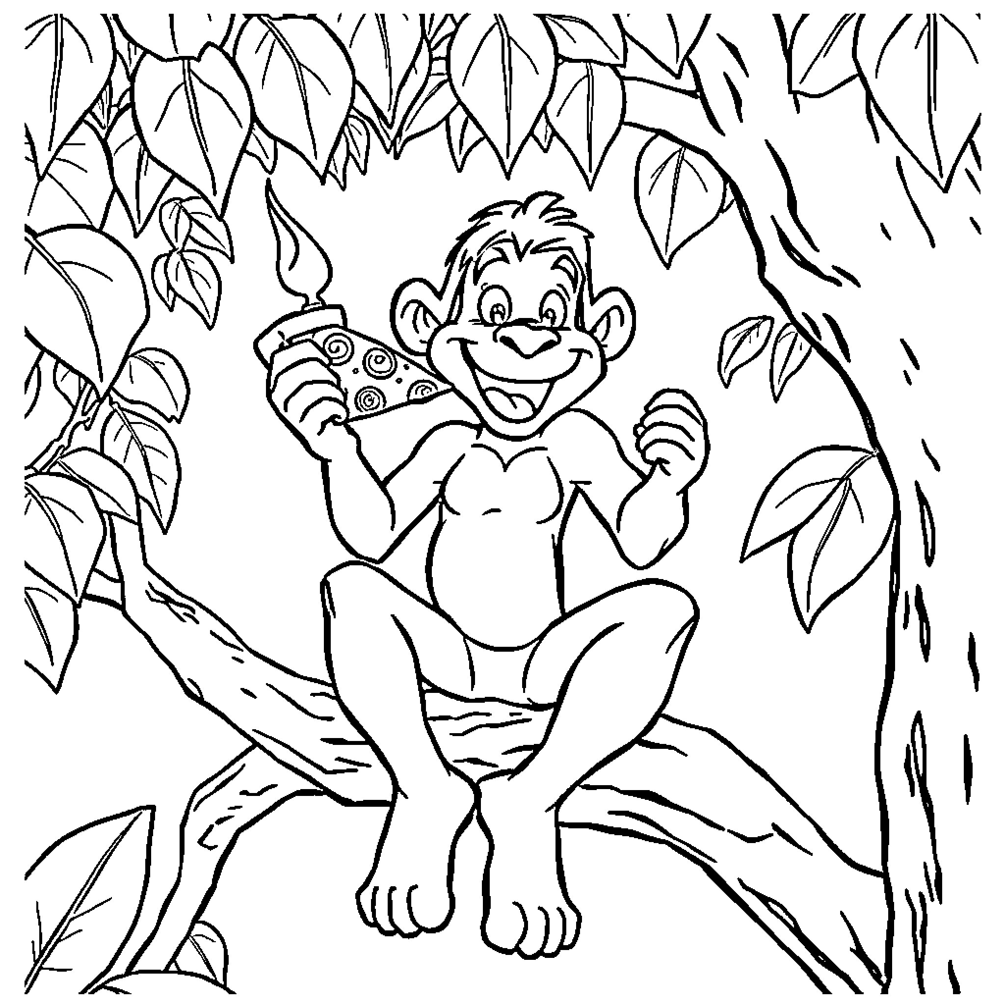 Tarzan enjoying nature with a friendly smile Coloring Page (free black-and-white line drawing printable PDF for all, from beginners to advanced learners, including children, teens, adults, and seniors)