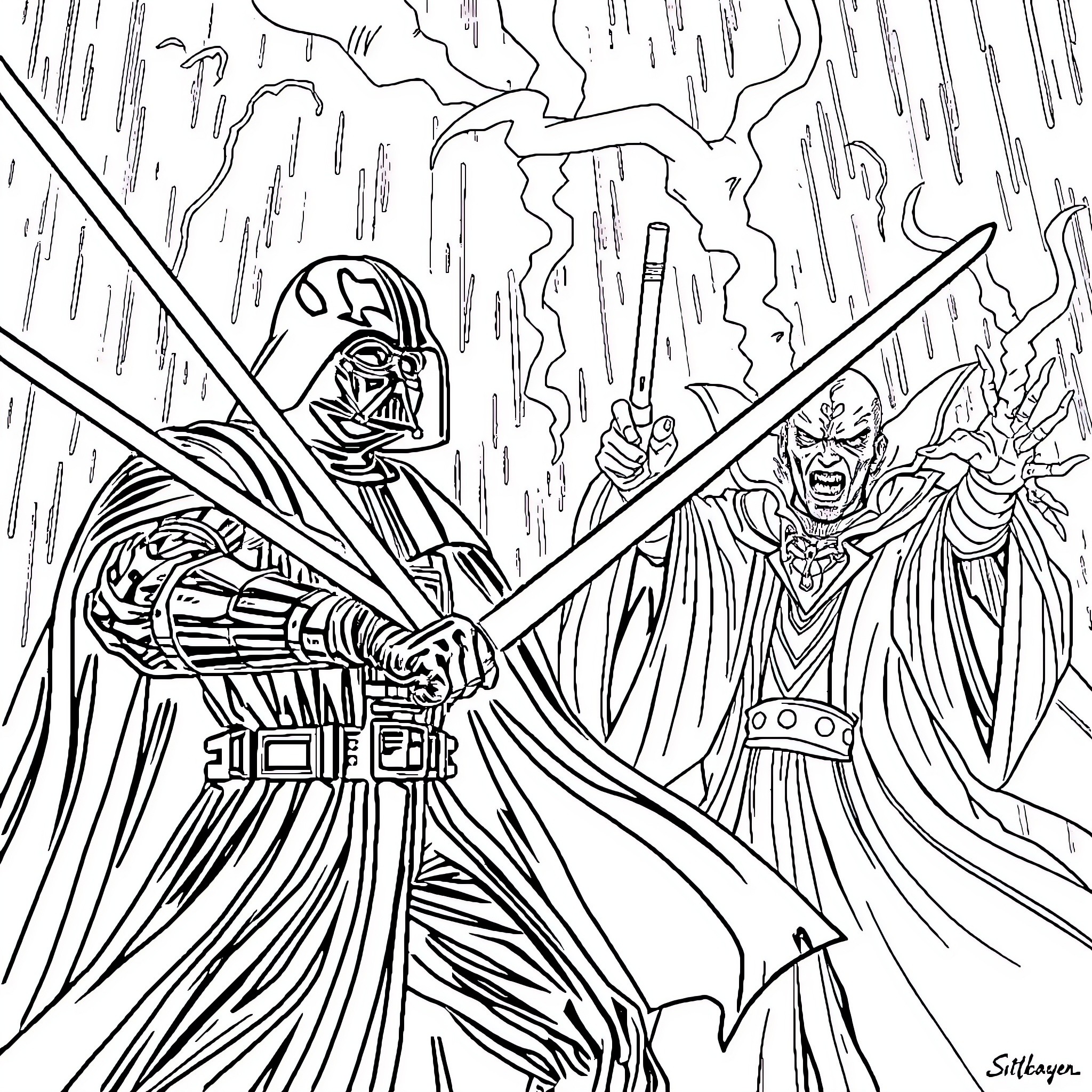 Darth Vader battling evil forces in a dark storm Coloring Page (free black-and-white line drawing printable PDF for all, from beginners to advanced learners, including children, teens, adults, and seniors)