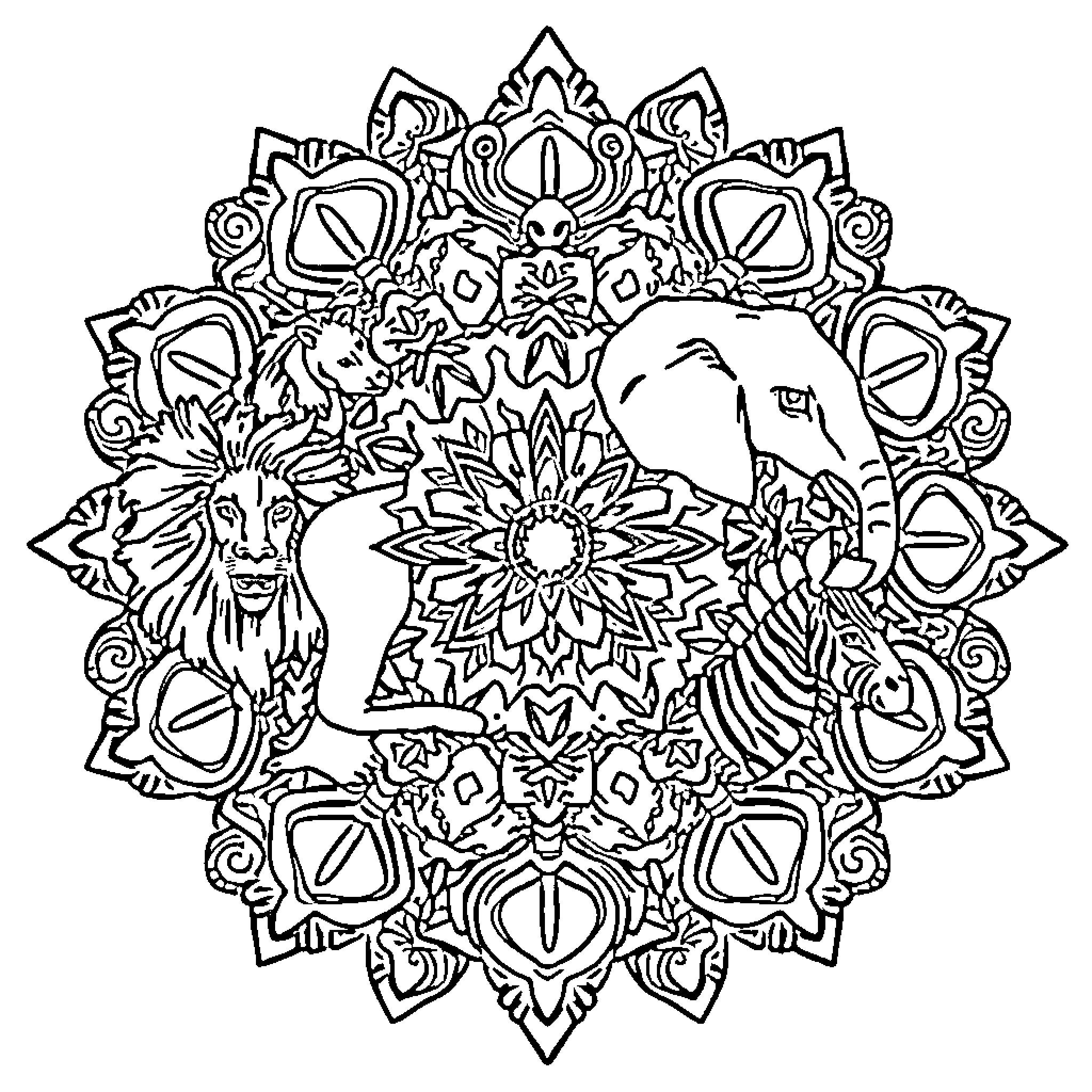Animal Mandala with Geometric Patterns and Figures Coloring Page (free black-and-white line drawing printable PDF for all, from beginners to advanced learners, including children, teens, adults, and seniors)