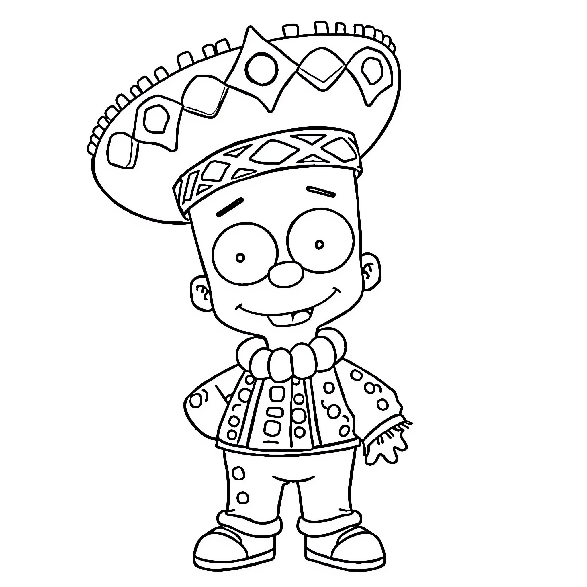 Bart Simpson in Mexican-inspired costume Coloring Page (free black-and-white line drawing printable PDF for all, from beginners to advanced learners, including children, teens, adults, and seniors)