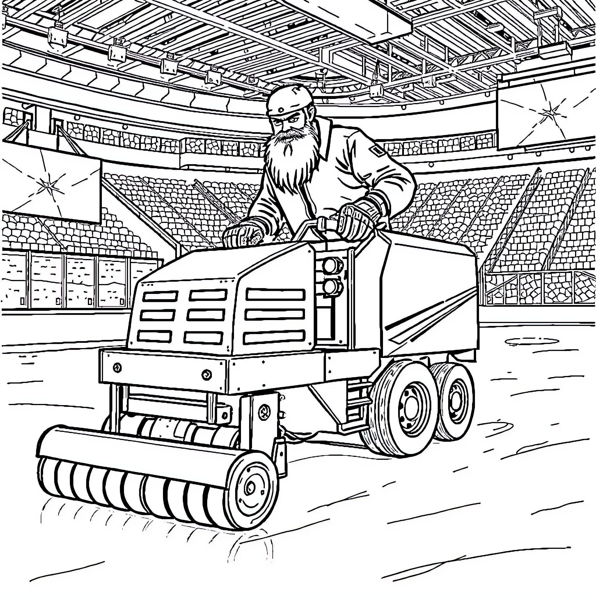 Zamboni smoothing the ice in the hockey arena Coloring Page (free black-and-white line drawing printable PDF for all, from beginners to advanced learners, including children, teens, adults, and seniors)