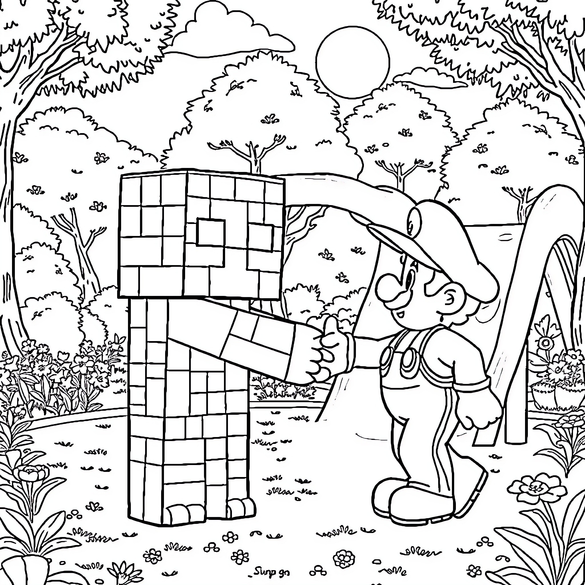 Creeper constructing a building in a colorful forest Coloring Page (free black-and-white line drawing printable PDF for all, from beginners to advanced learners, including children, teens, adults, and seniors)