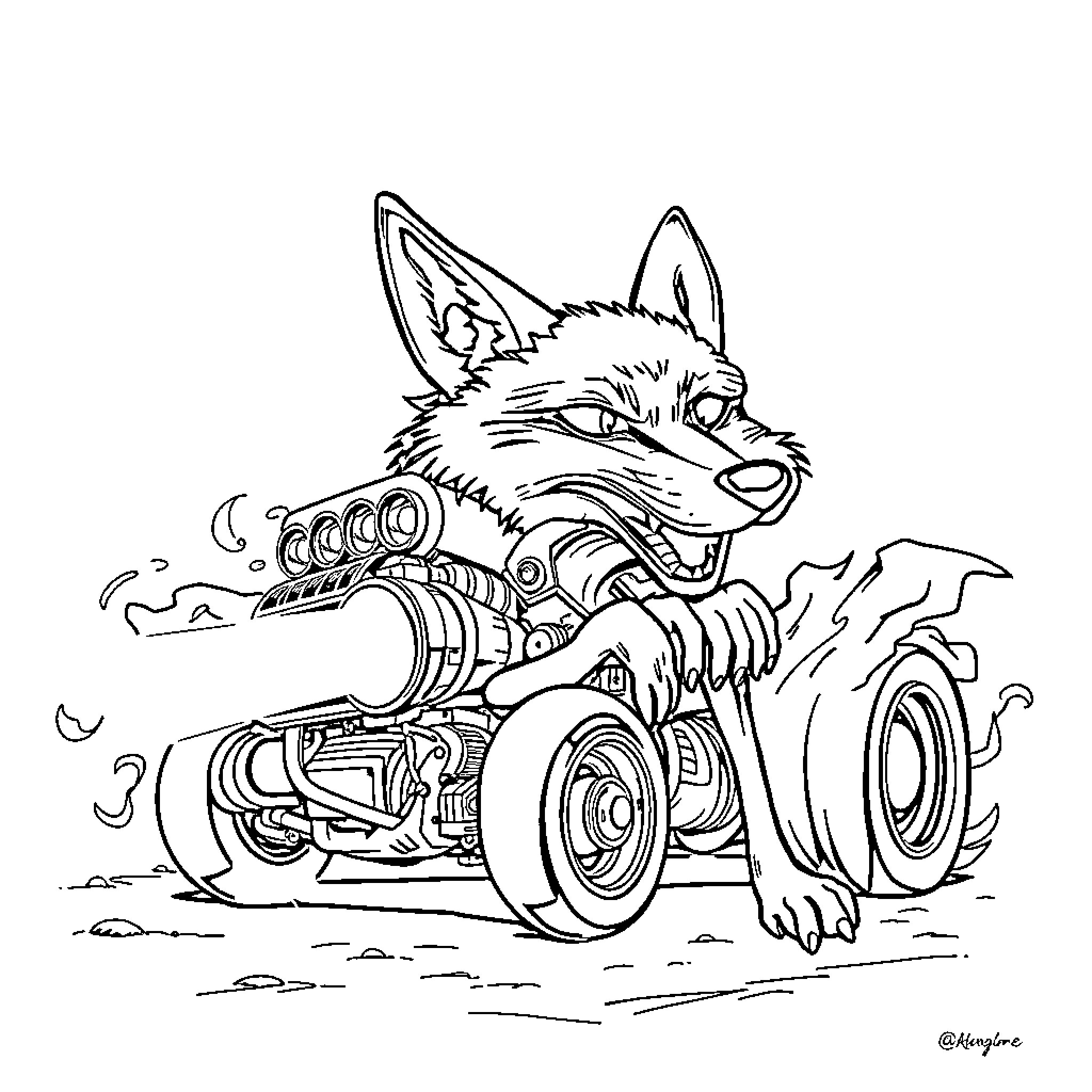 Coyote driving a futuristic vehicle Coloring Page (free black-and-white line drawing printable PDF for all, from beginners to advanced learners, including children, teens, adults, and seniors)