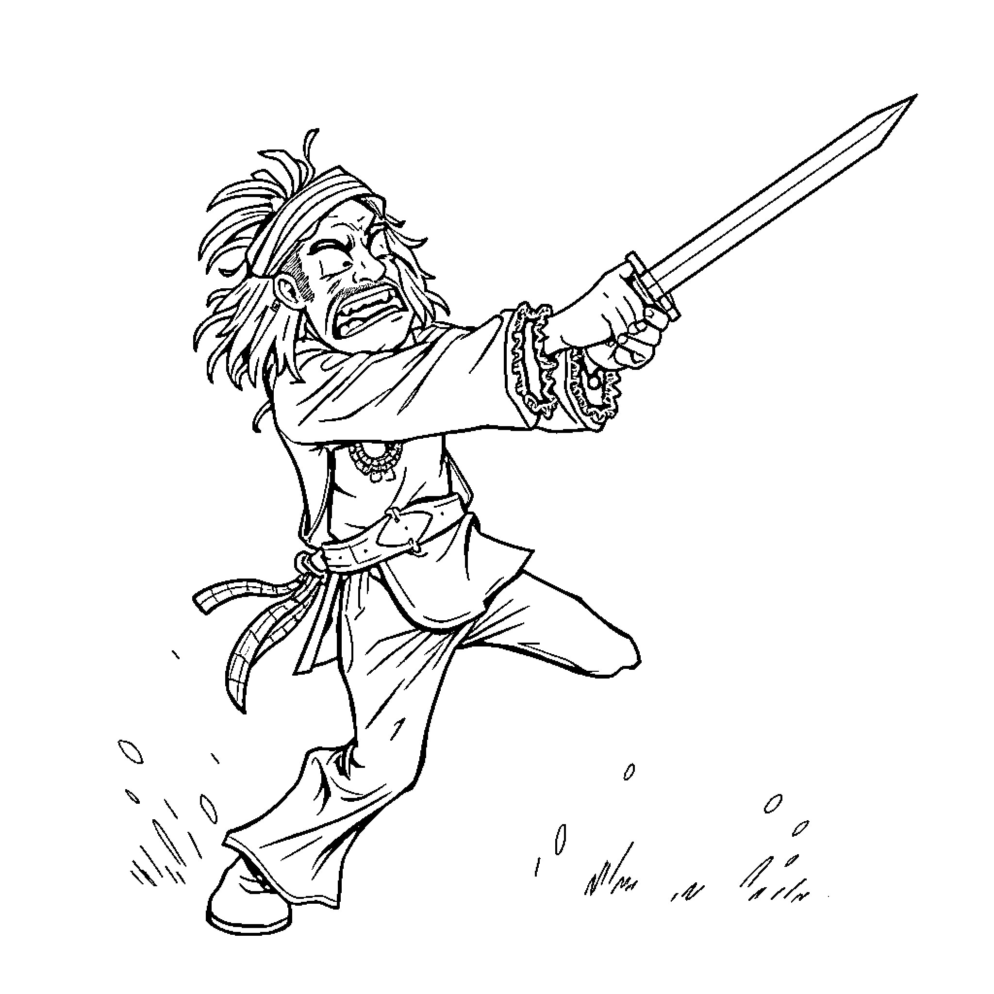 Hippy warrior brandishing a sword with intensity Coloring Page (free black-and-white line drawing printable PDF for all, from beginners to advanced learners, including children, teens, adults, and seniors)