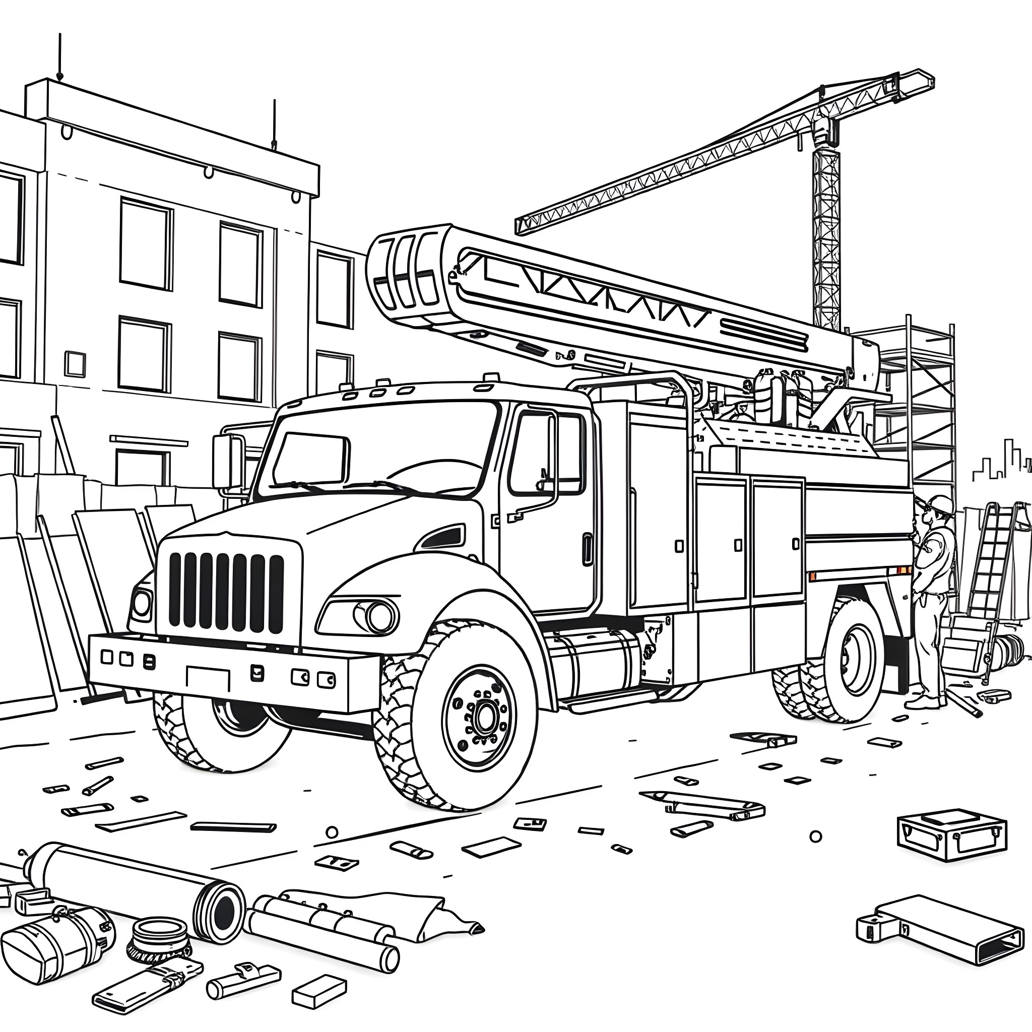 Utility Truck with Construction Equipment at Work Site Coloring Page (free black-and-white line drawing printable PDF for all, from beginners to advanced learners, including children, teens, adults, and seniors)