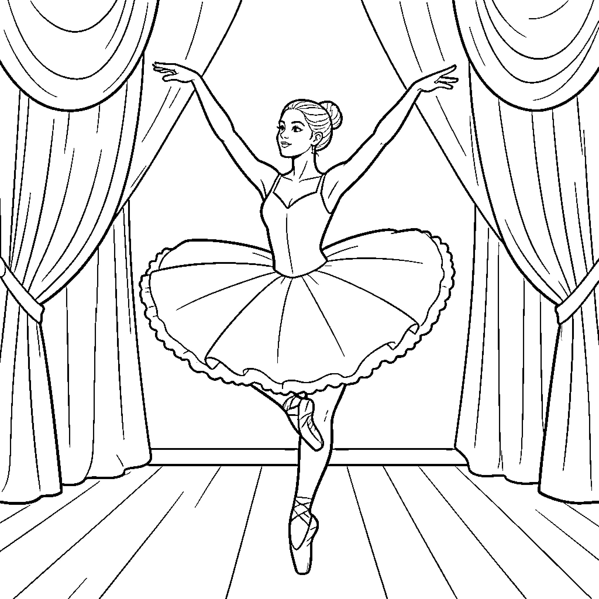 Ballerina performing a graceful dance on stage Coloring Page (free black-and-white line drawing printable PDF for all, from beginners to advanced learners, including children, teens, adults, and seniors)