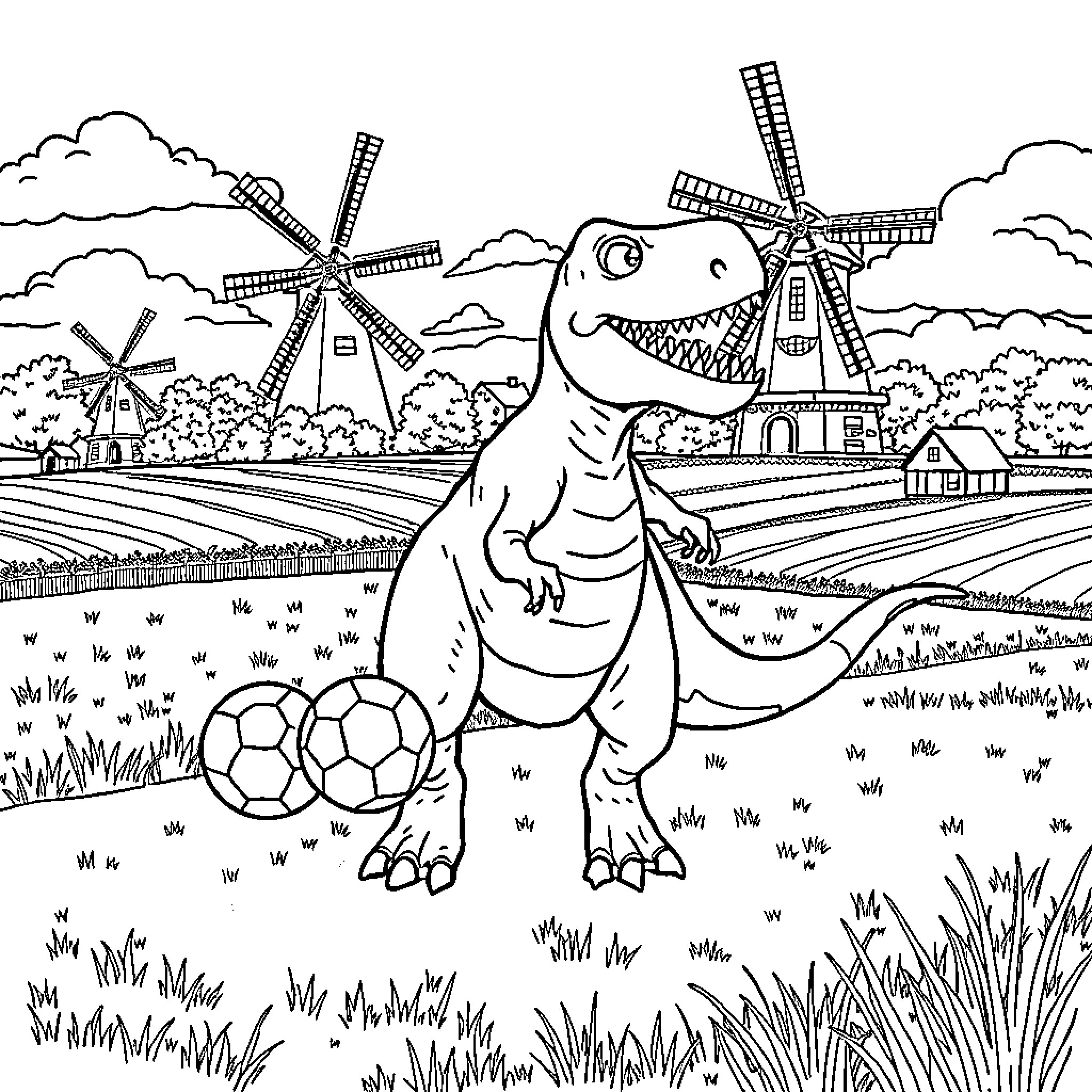 T-Rex playing soccer in a Dutch landscape Coloring Page (free black-and-white line drawing printable PDF for all, from beginners to advanced learners, including children, teens, adults, and seniors)