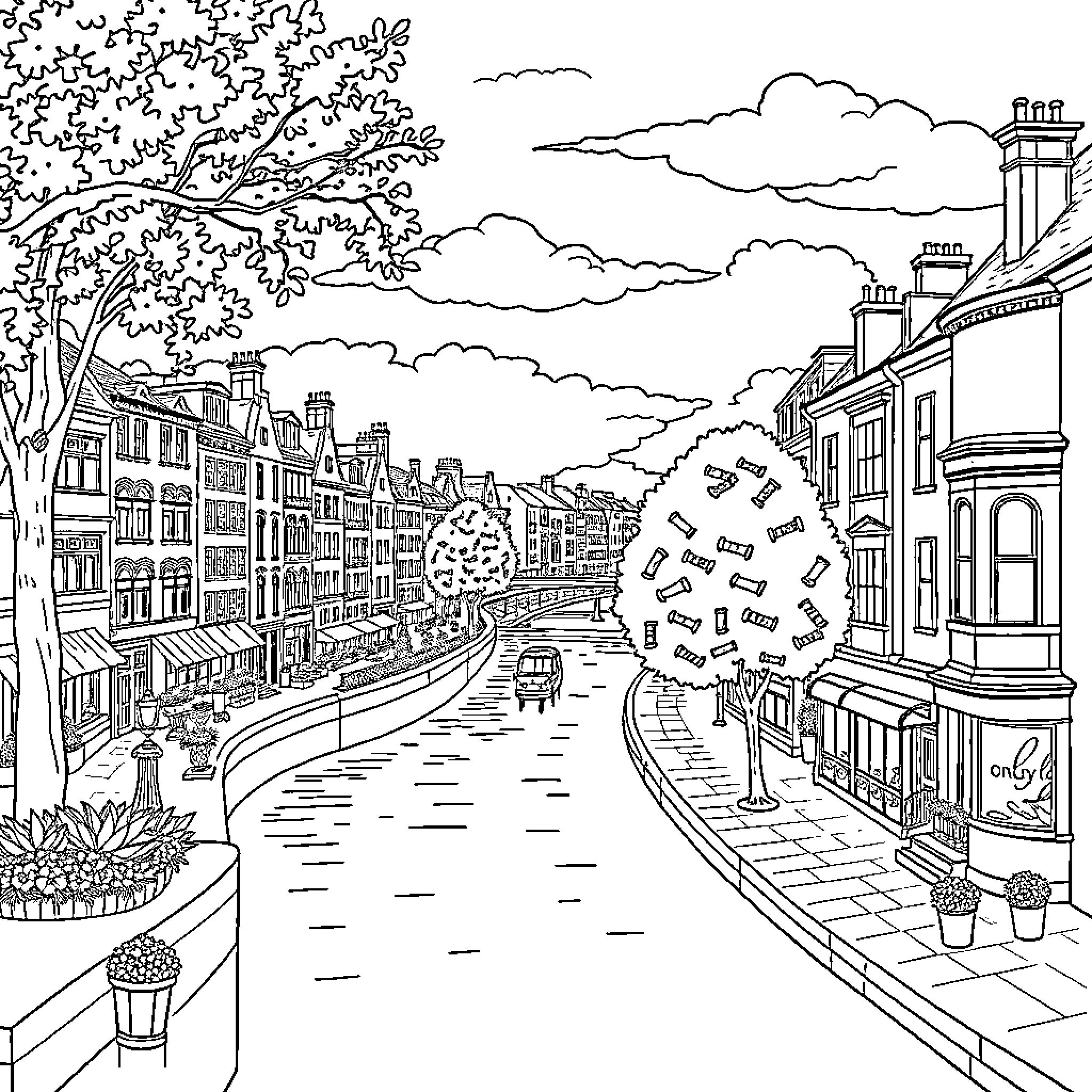 Fulham: Charming Street Scene with Vibrant Ambiance Coloring Page (free black-and-white line drawing printable PDF for all, from beginners to advanced learners, including children, teens, adults, and seniors)