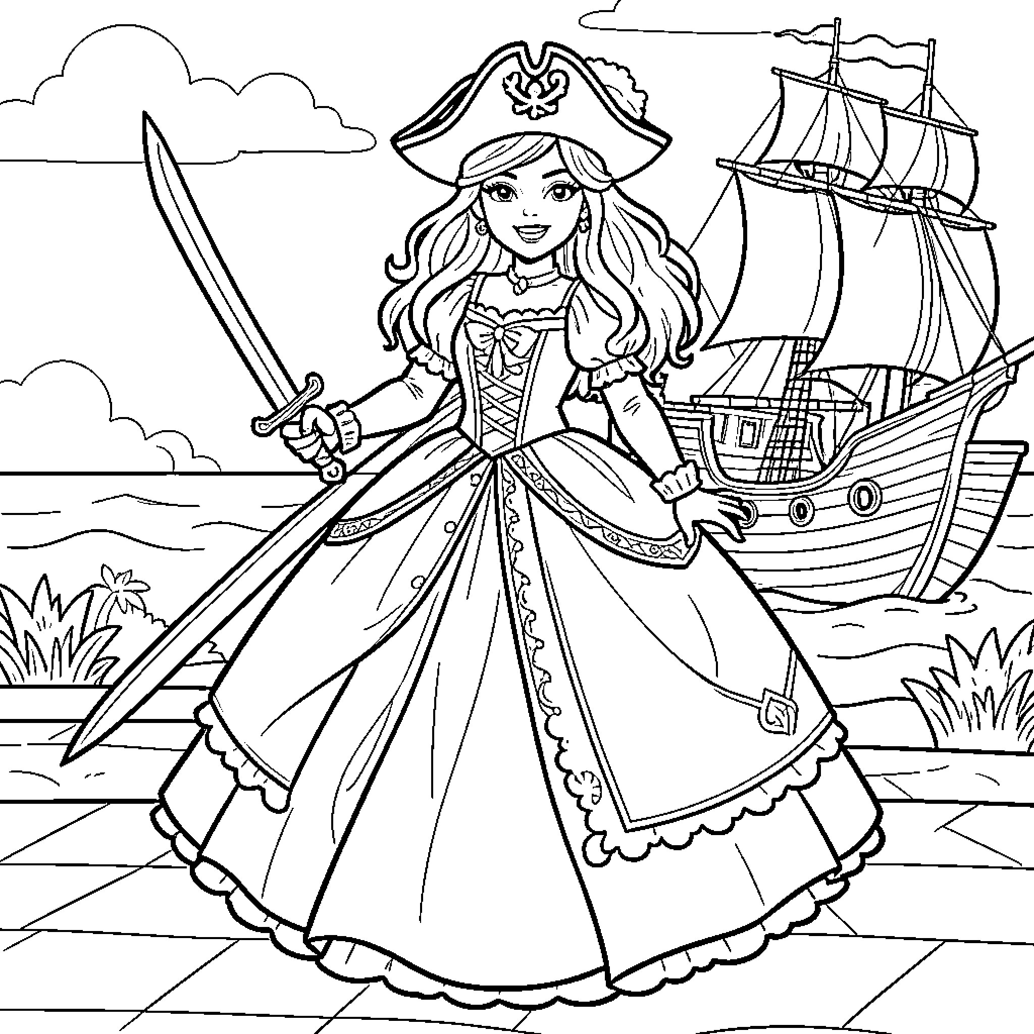 Pirate Barbie holding a sword near a sailing ship Coloring Page (free black-and-white line drawing printable PDF for all, from beginners to advanced learners, including children, teens, adults, and seniors)