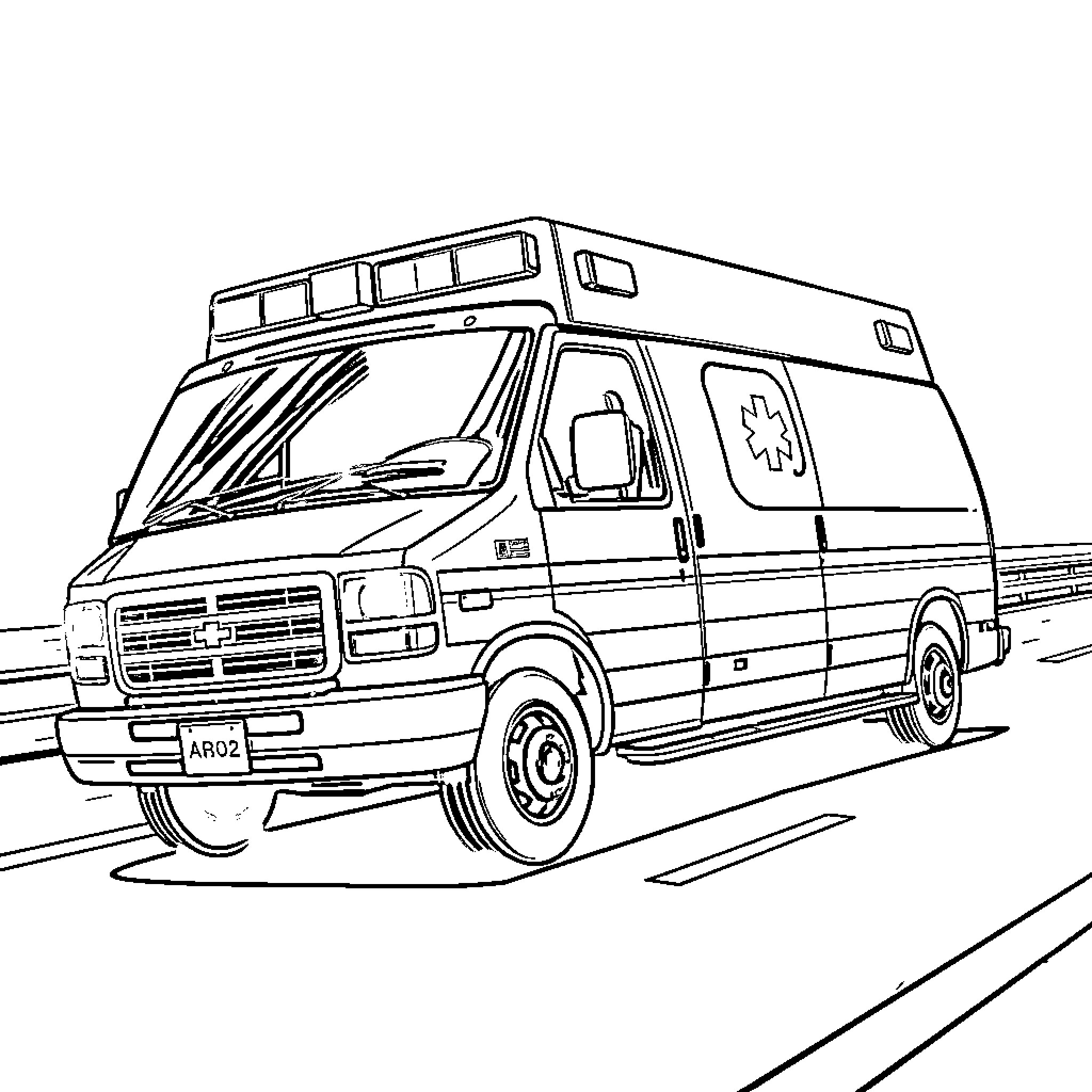 Ambulance responding to emergency situation on road Coloring Page (free black-and-white line drawing printable PDF for all, from beginners to advanced learners, including children, teens, adults, and seniors)