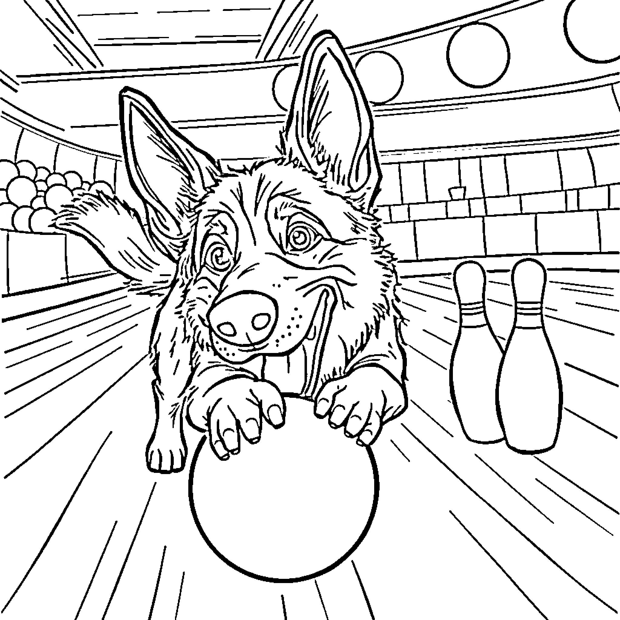 German Shepherd Enjoys Bowling Game Coloring Page (free black-and-white line drawing printable PDF for all, from beginners to advanced learners, including children, teens, adults, and seniors)