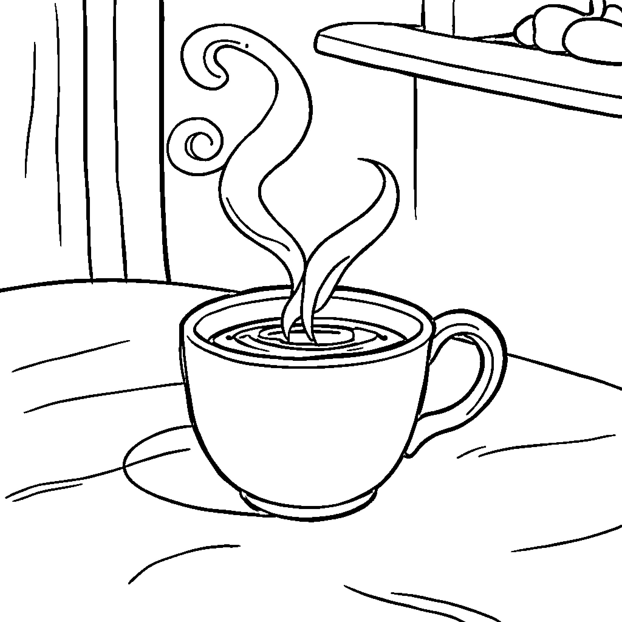 Coffee steam rising from cup on table Coloring Page (free black-and-white line drawing printable PDF for all, from beginners to advanced learners, including children, teens, adults, and seniors)