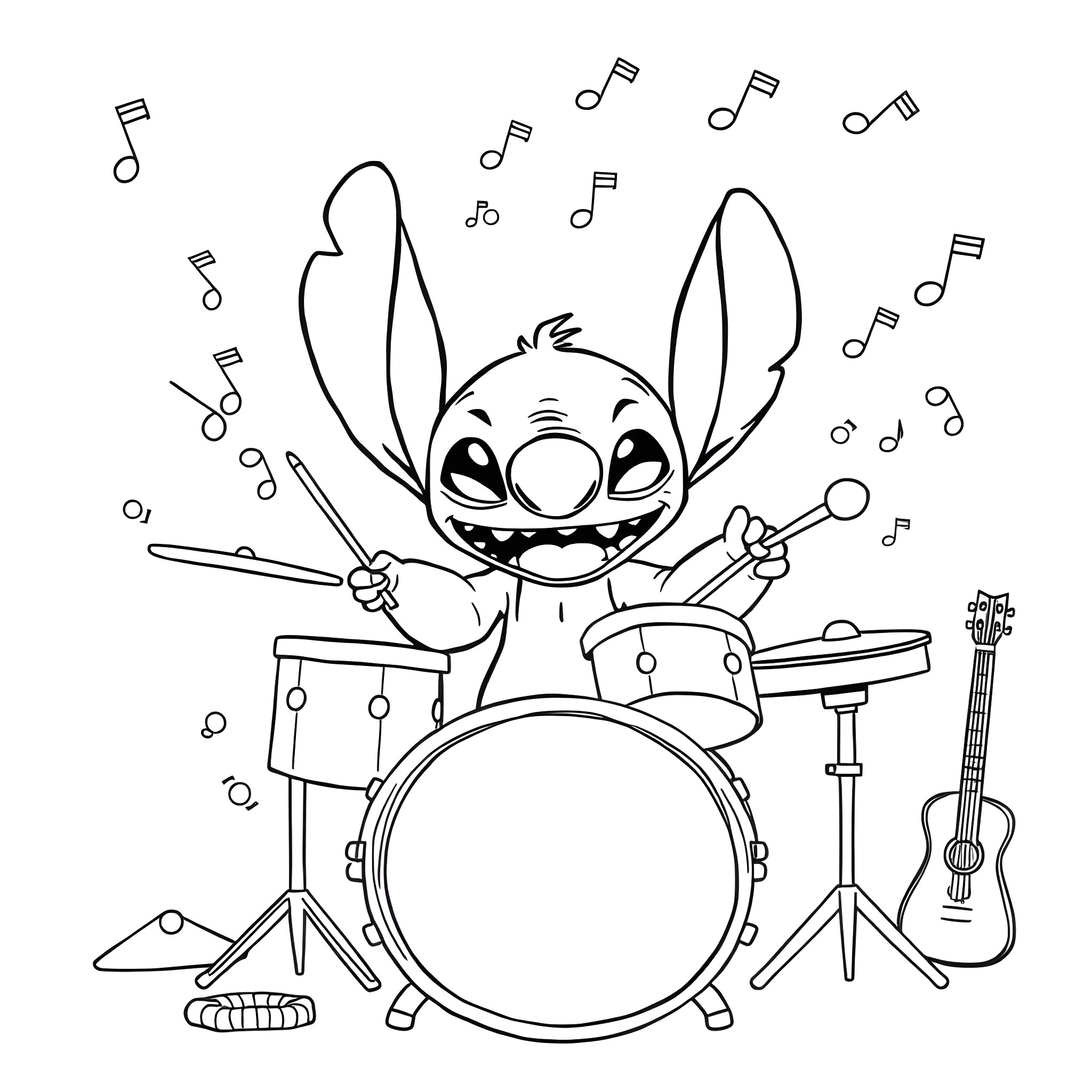 Stitch playing drums and music instruments happily Coloring Page (free black-and-white line drawing printable PDF for all, from beginners to advanced learners, including children, teens, adults, and seniors)