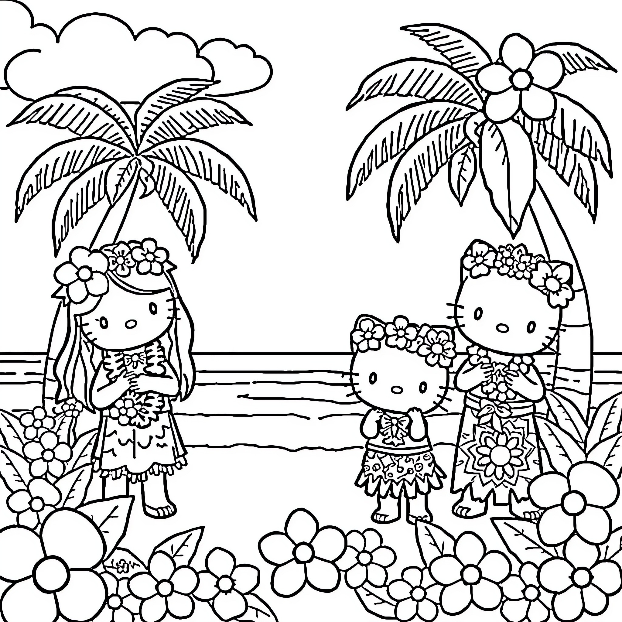 Sanrio Characters Enjoying a Tropical Beach Scene Coloring Page (free black-and-white line drawing printable PDF for all, from beginners to advanced learners, including children, teens, adults, and seniors)