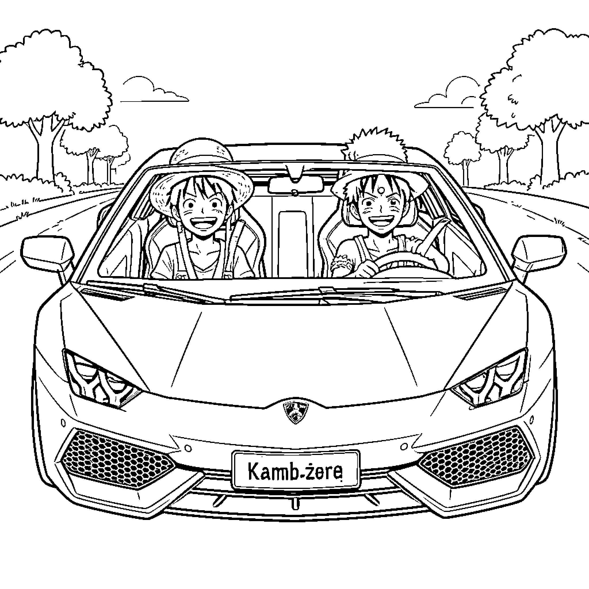 Luffy and companion driving a sports car happily Coloring Page (free black-and-white line drawing printable PDF for all, from beginners to advanced learners, including children, teens, adults, and seniors)