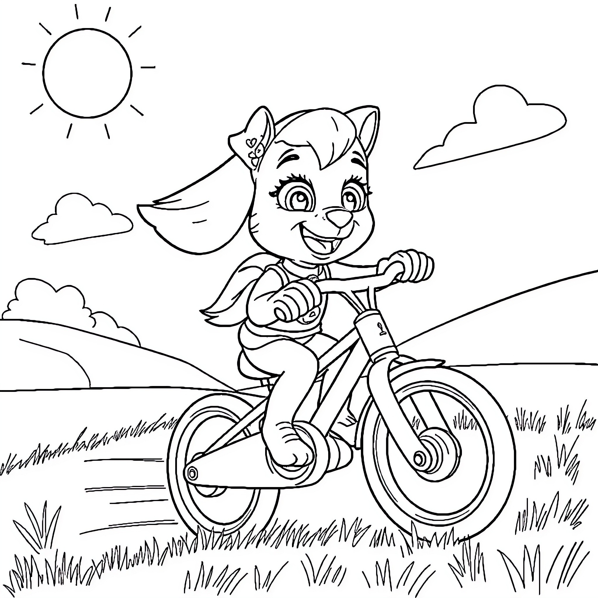 Skye riding a bicycle in a sunny field Coloring Page (free black-and-white line drawing printable PDF for all, from beginners to advanced learners, including children, teens, adults, and seniors)