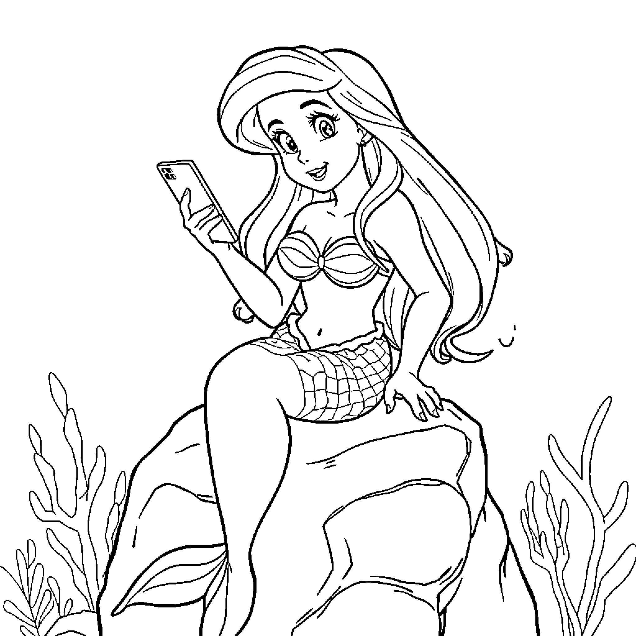Ariel using a mobile device in the sea Coloring Page (free black-and-white line drawing printable PDF for all, from beginners to advanced learners, including children, teens, adults, and seniors)
