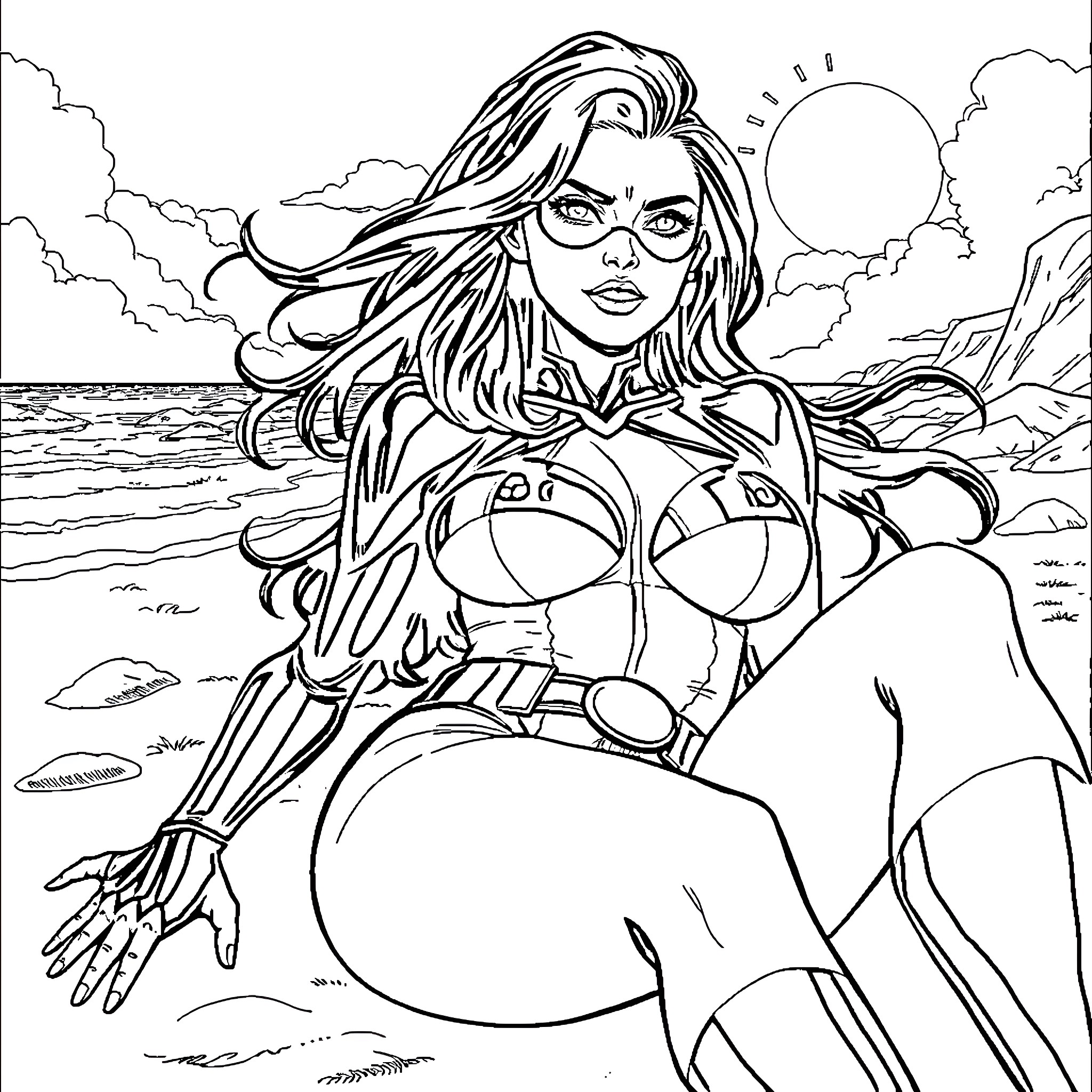 Rogue Heroine's Defiant Pose on the Beach Coloring Page (free black-and-white line drawing printable PDF for all, from beginners to advanced learners, including children, teens, adults, and seniors)