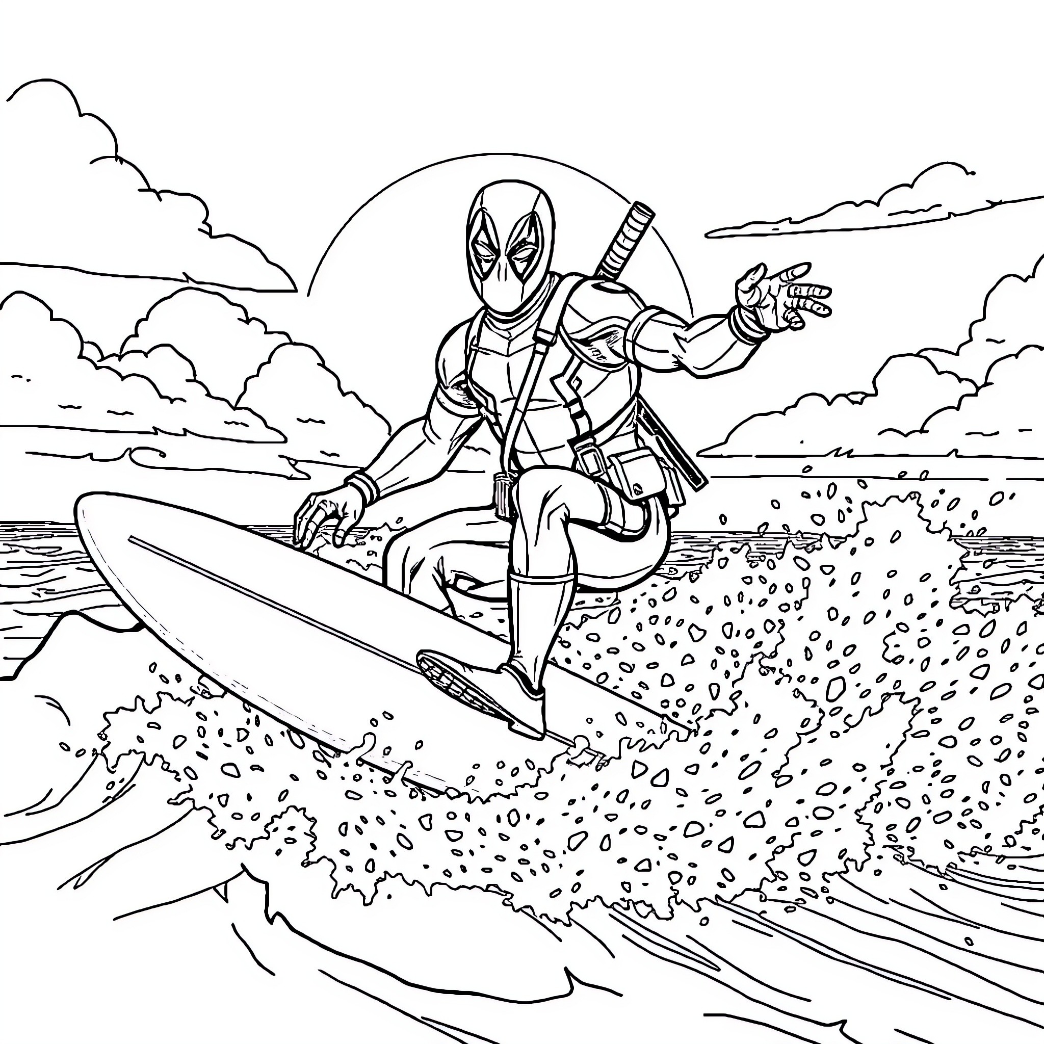 Deadpool surfing on the waves with his katana Coloring Page (free black-and-white line drawing printable PDF for all, from beginners to advanced learners, including children, teens, adults, and seniors)