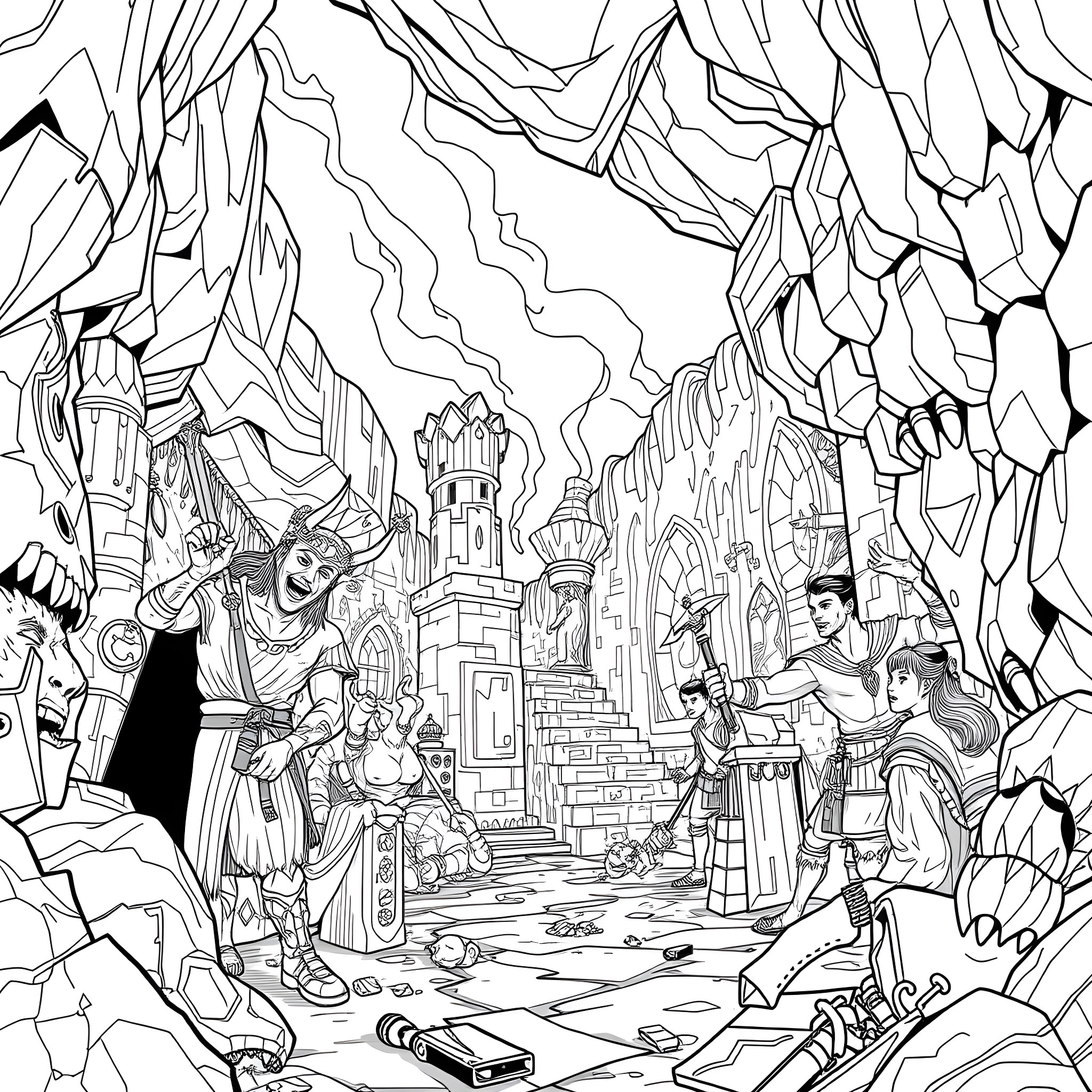 Dungeons: Adventure in a Magical Kingdom Coloring Page (free black-and-white line drawing printable PDF for all, from beginners to advanced learners, including children, teens, adults, and seniors)