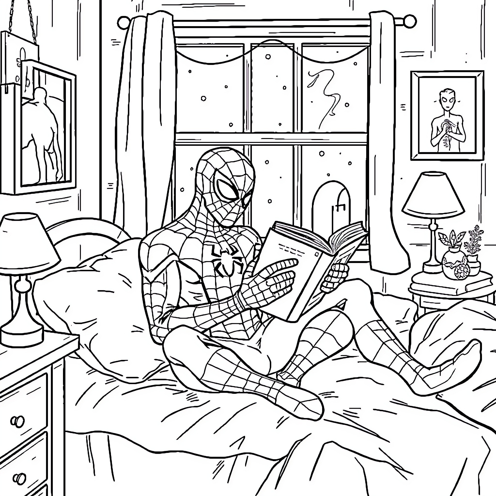 Spiderman relaxing in his cozy bedroom Coloring Page (free black-and-white line drawing printable PDF for all, from beginners to advanced learners, including children, teens, adults, and seniors)