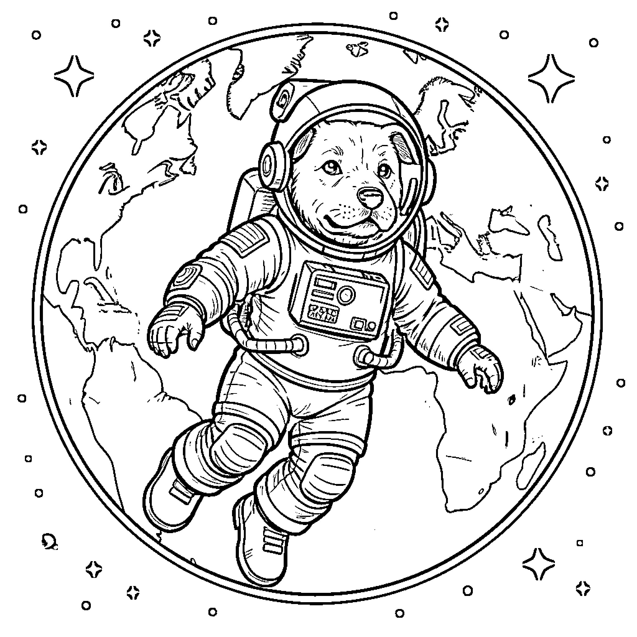 Perro astronauta explorando el mundo Coloring Page (free black-and-white line drawing printable PDF for all, from beginners to advanced learners, including children, teens, adults, and seniors)