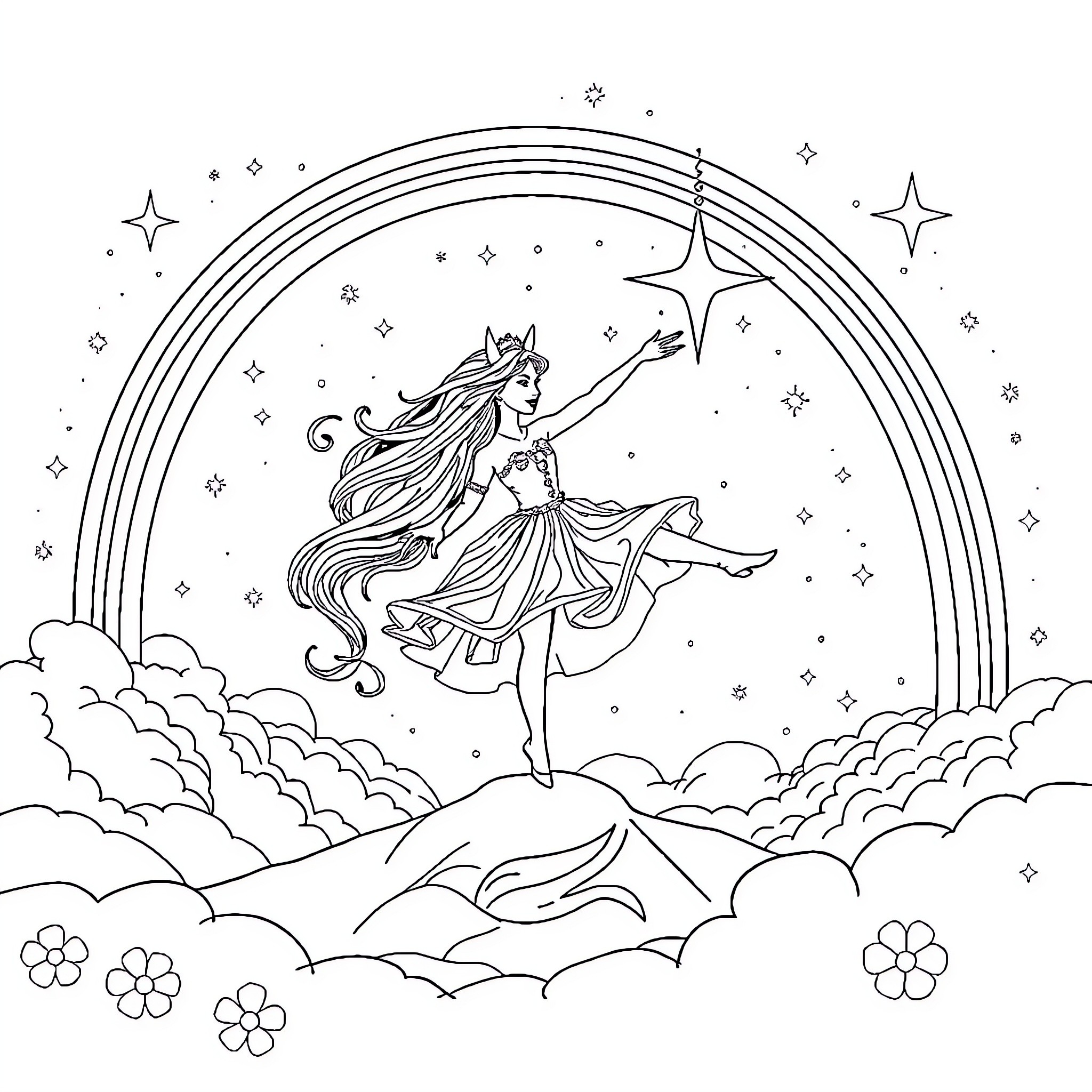 Dancer floating gracefully under starry night sky Coloring Page (free black-and-white line drawing printable PDF for all, from beginners to advanced learners, including children, teens, adults, and seniors)
