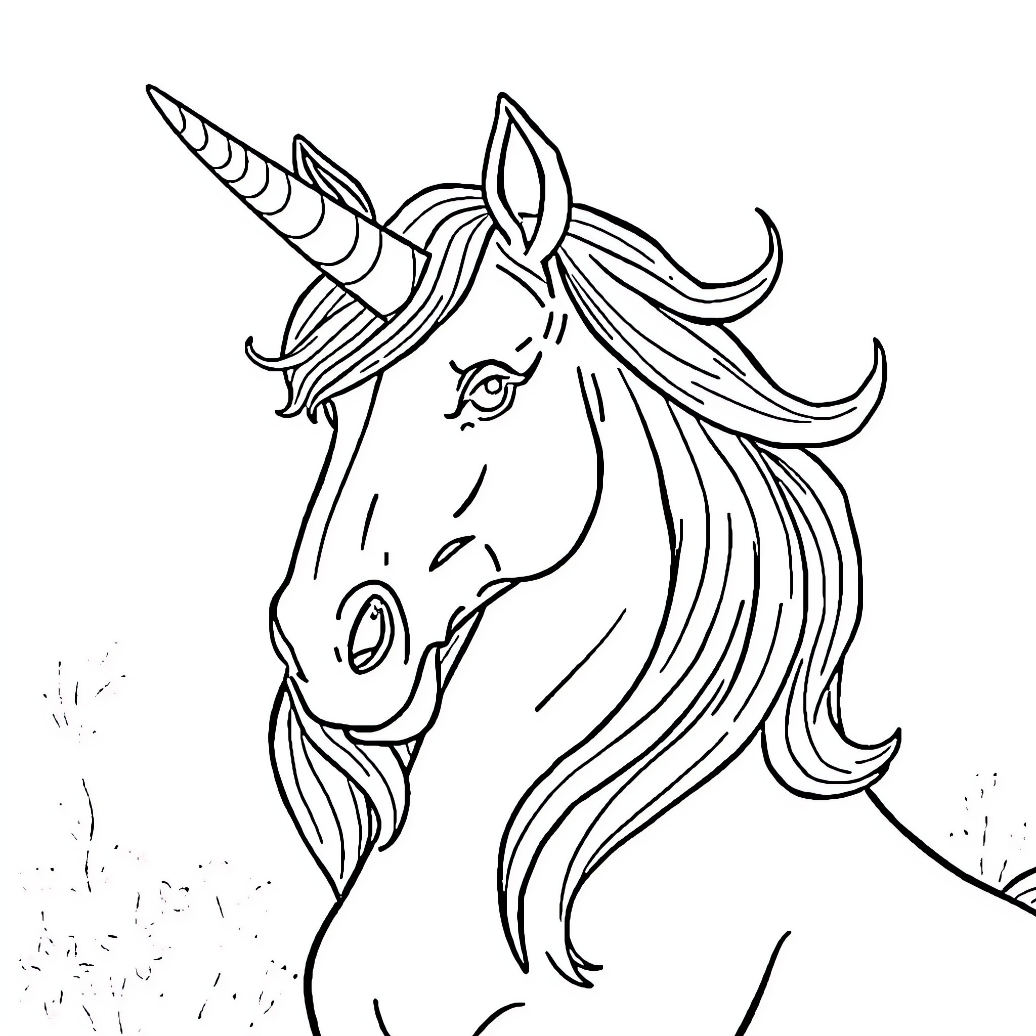 Unicorn with flowing mane and horn Coloring Page (free black-and-white line drawing printable PDF for all, from beginners to advanced learners, including children, teens, adults, and seniors)