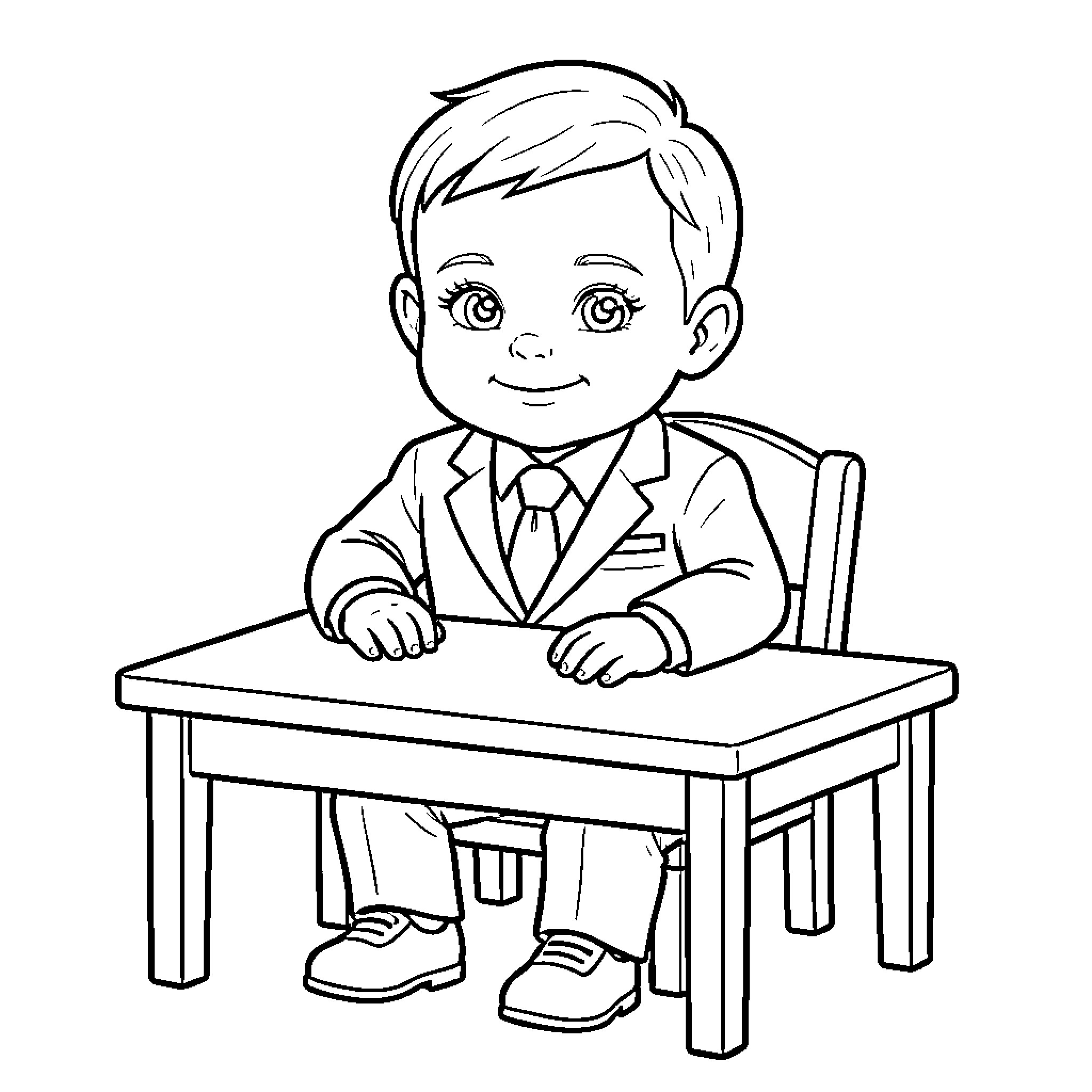 Baby Boss sitting at a desk in a suit Coloring Page (free black-and-white line drawing printable PDF for all, from beginners to advanced learners, including children, teens, adults, and seniors)