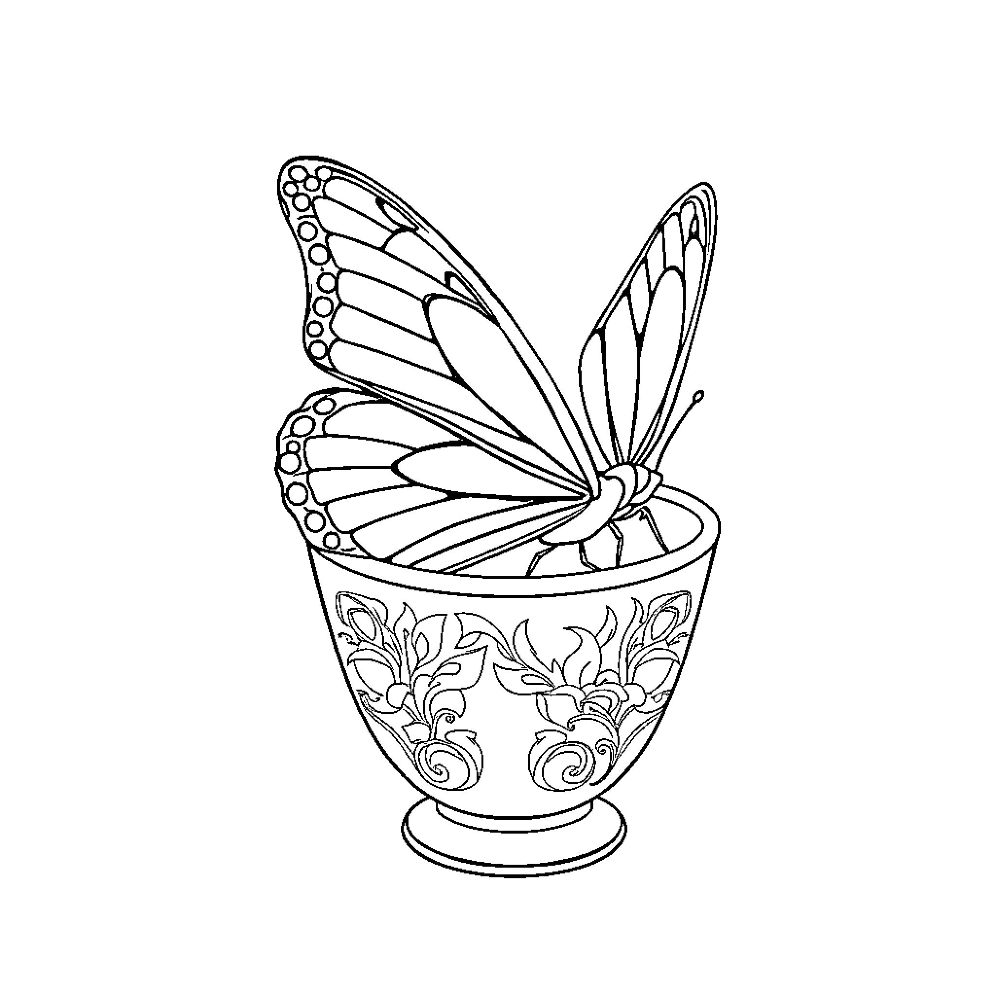 Butterfly resting in an ornate bowl Coloring Page (free black-and-white line drawing printable PDF for all, from beginners to advanced learners, including children, teens, adults, and seniors)