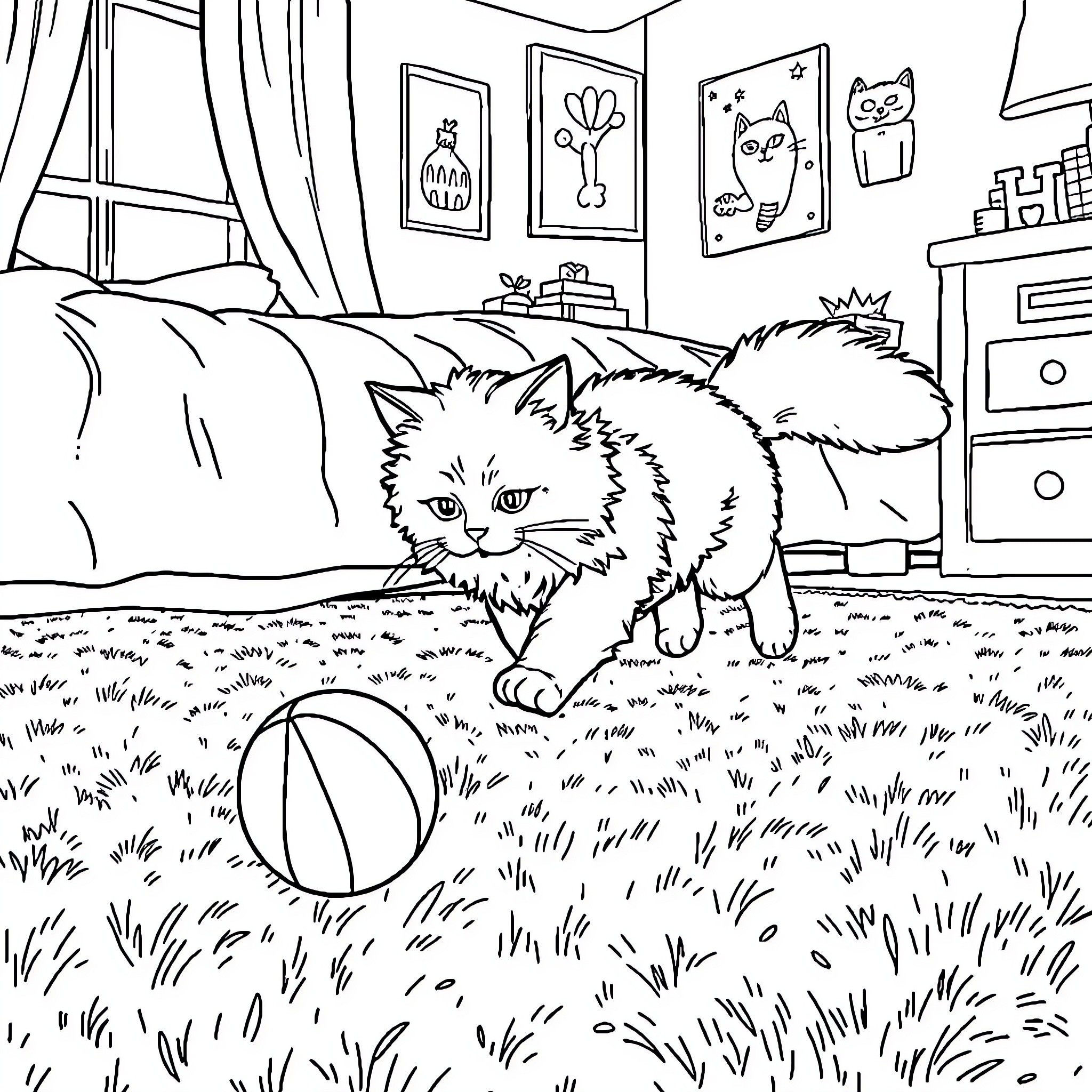 Cat playing with toy ball in cozy room Coloring Page (free black-and-white line drawing printable PDF for all, from beginners to advanced learners, including children, teens, adults, and seniors)