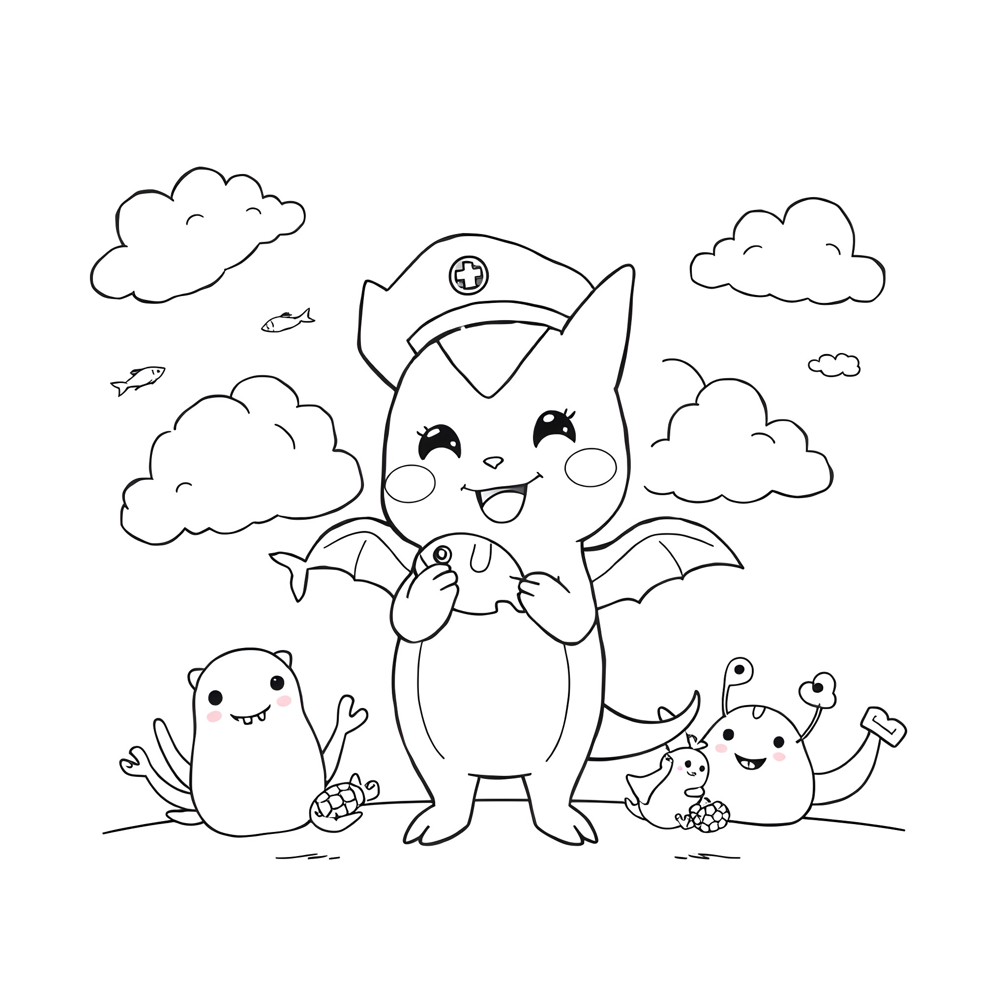 Batz Maru and friends playing outdoors Coloring Page (free black-and-white line drawing printable PDF for all, from beginners to advanced learners, including children, teens, adults, and seniors)