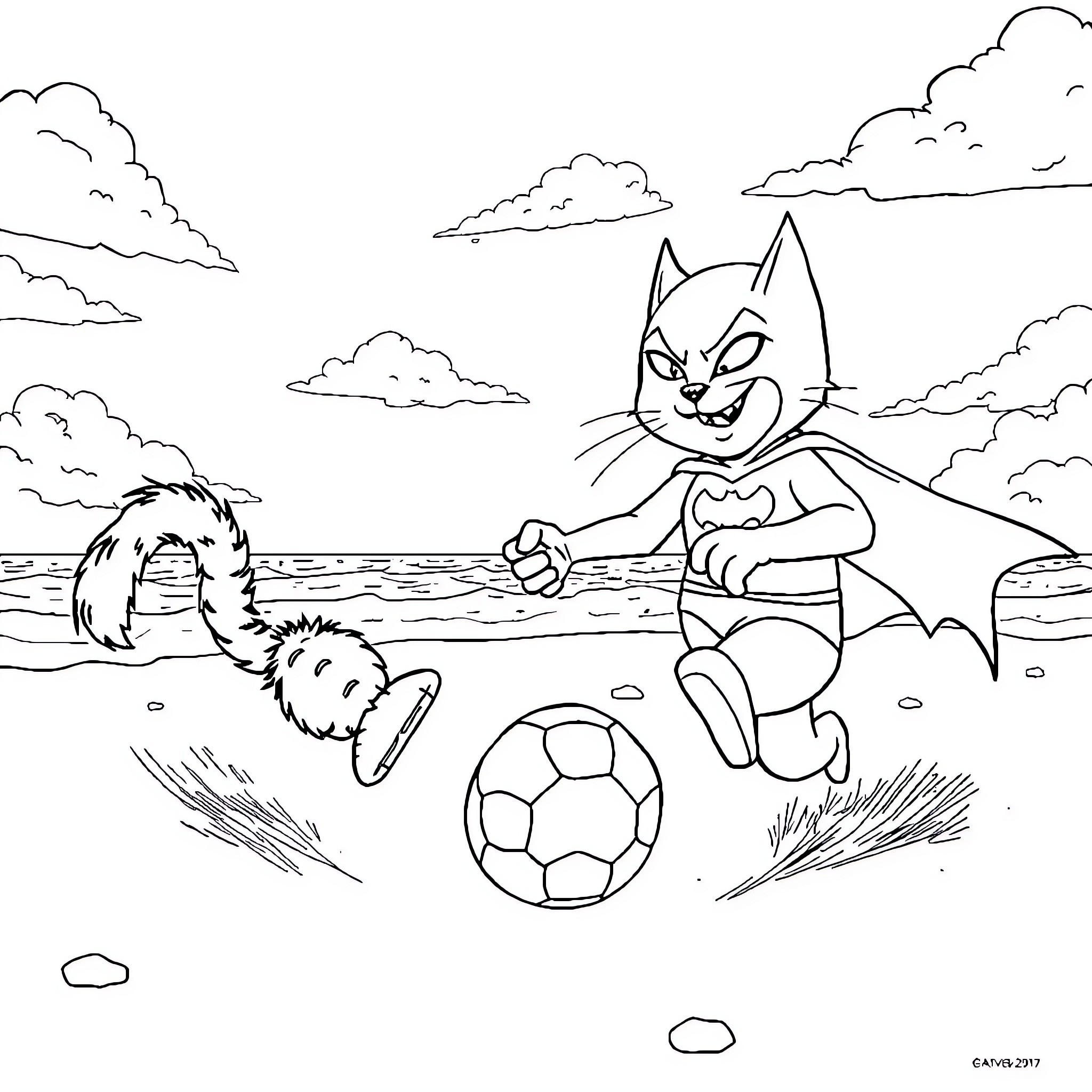 Maine Coon Cat Playing Soccer on the Beach Coloring Page (free black-and-white line drawing printable PDF for all, from beginners to advanced learners, including children, teens, adults, and seniors)
