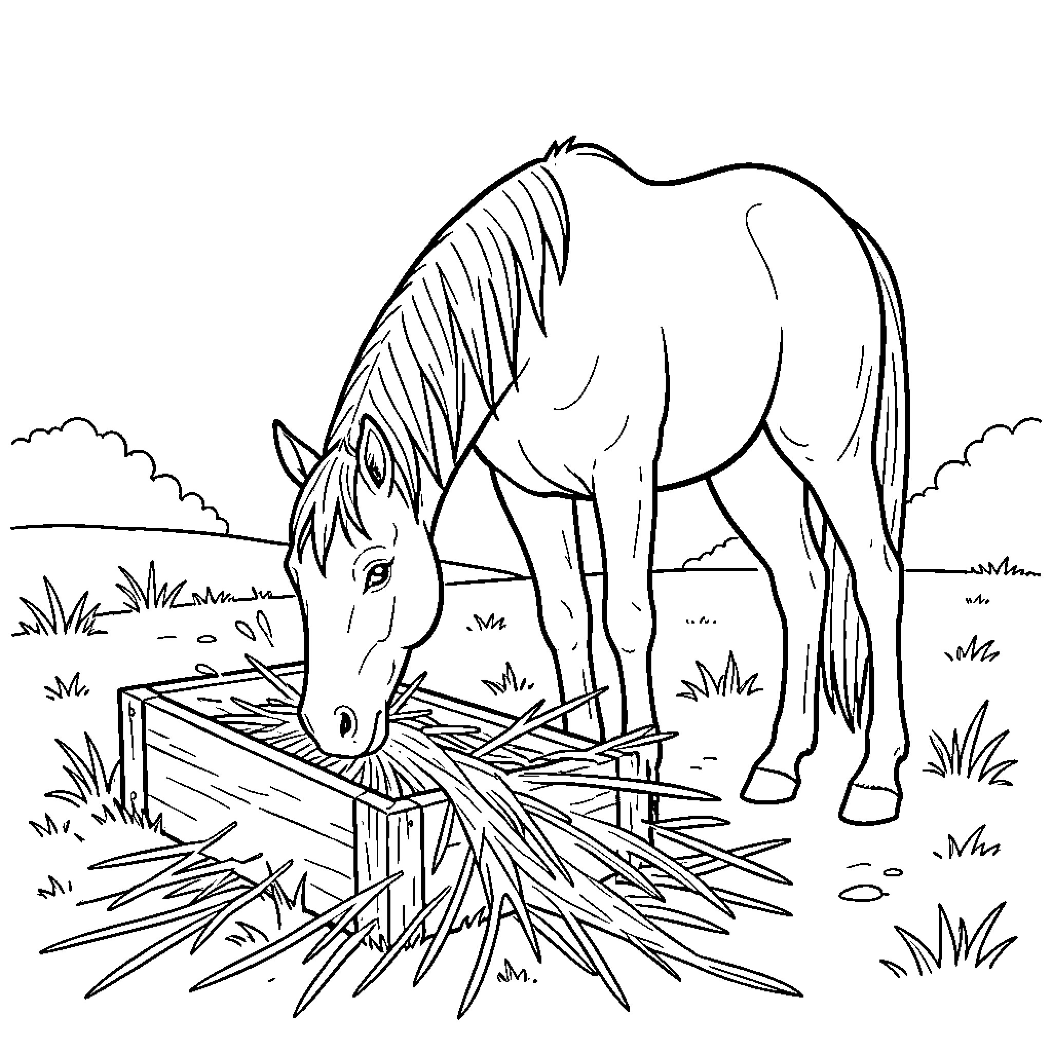 Horse eating hay from a wooden feeder Coloring Page (free black-and-white line drawing printable PDF for all, from beginners to advanced learners, including children, teens, adults, and seniors)