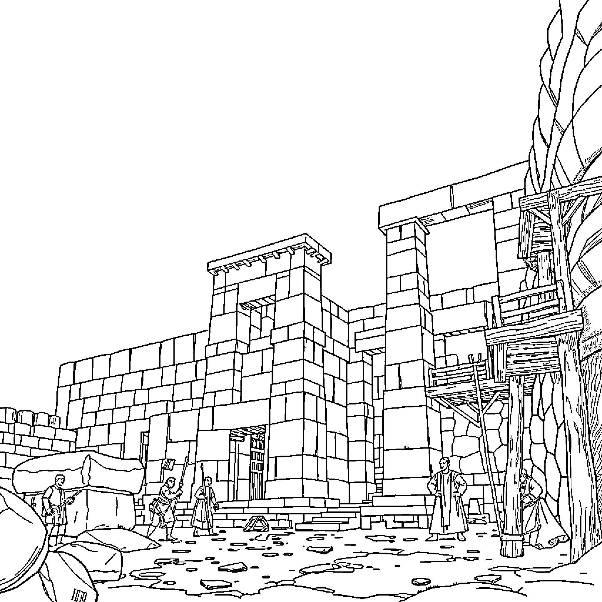 Mason's grand castle and bustling courtyard Coloring Page (free black-and-white line drawing printable PDF for all, from beginners to advanced learners, including children, teens, adults, and seniors)