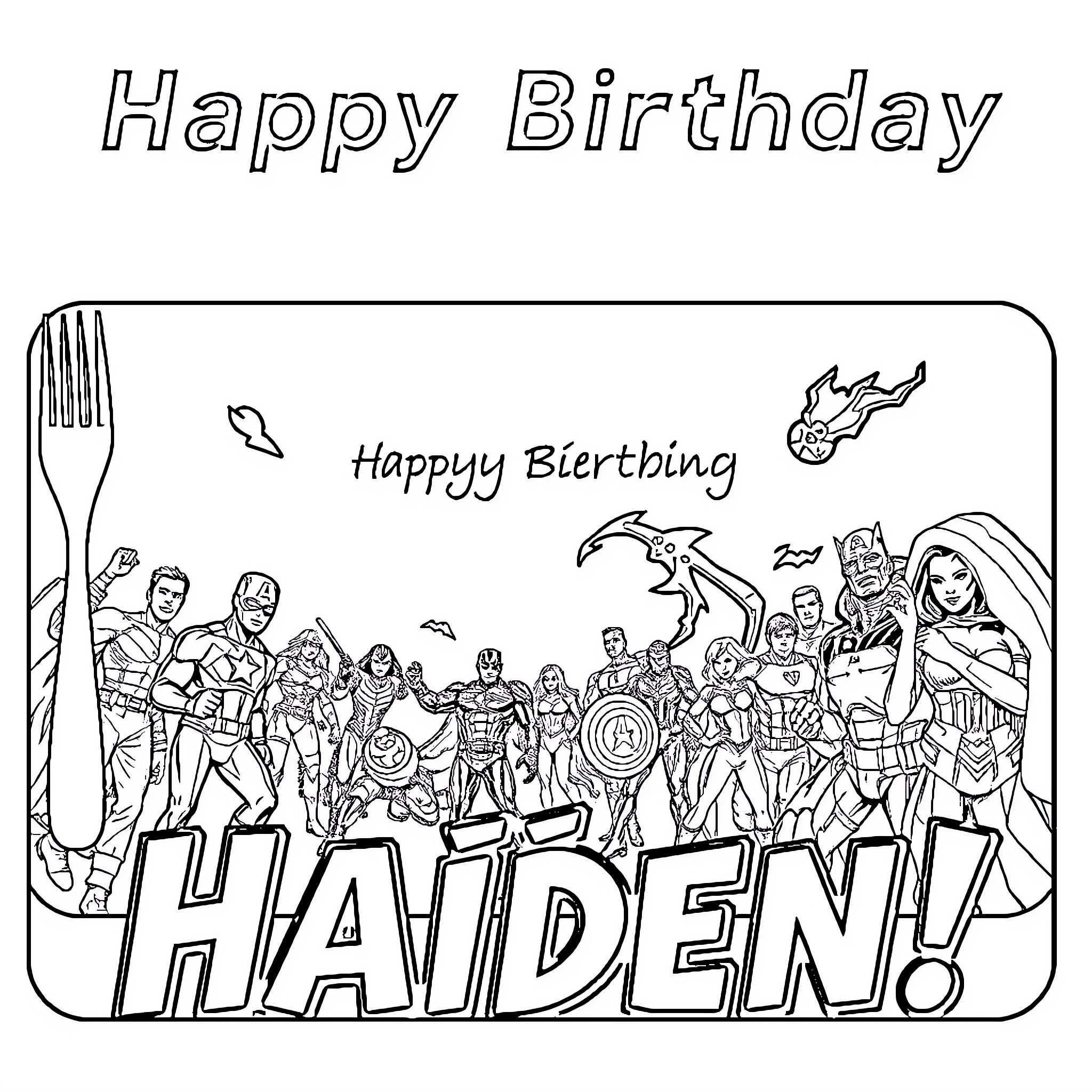 Avenger Ensemble Wishing Happy Birthday Coloring Page (free black-and-white line drawing printable PDF for all, from beginners to advanced learners, including children, teens, adults, and seniors)