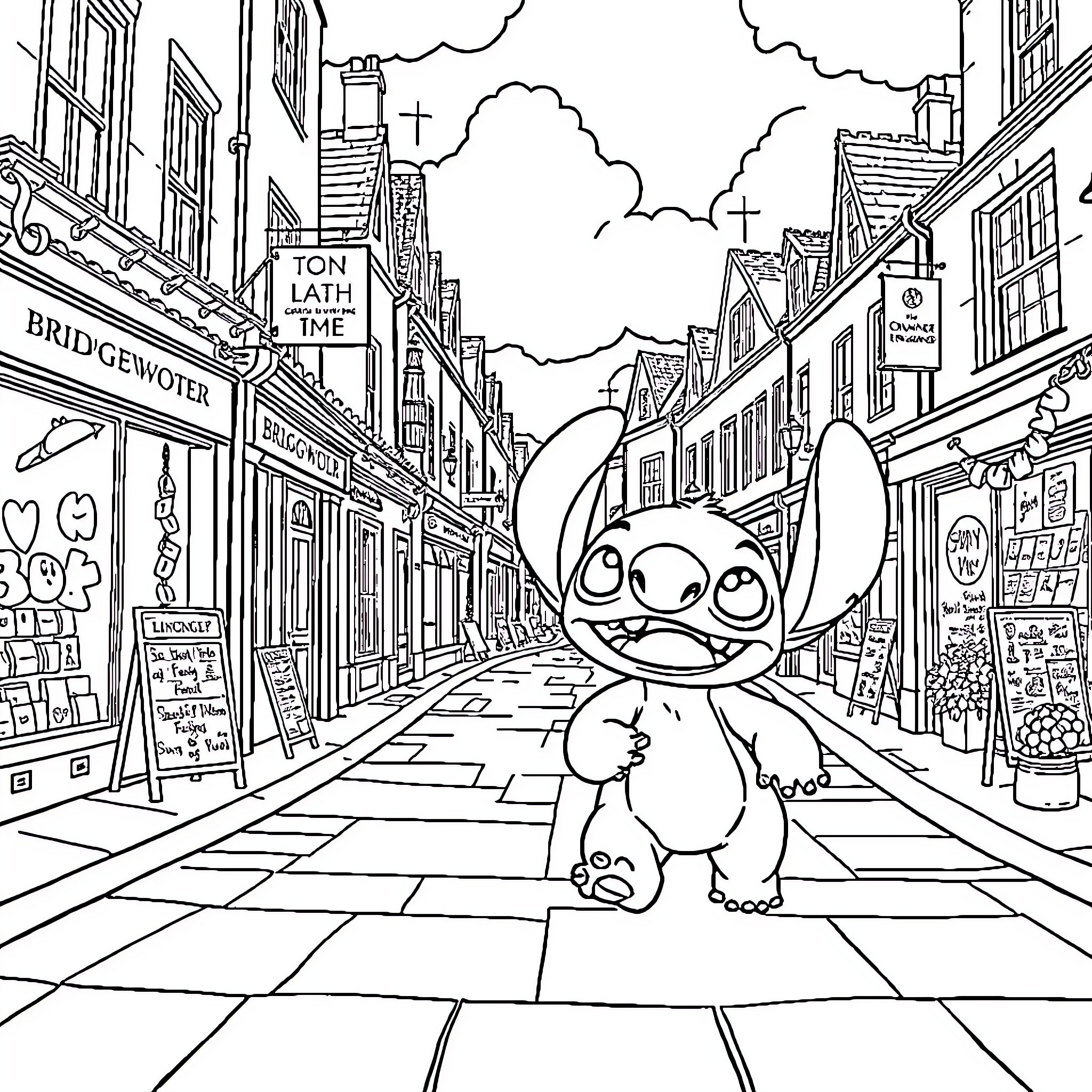Lilo exploring a lively city street Coloring Page (free black-and-white line drawing printable PDF for all, from beginners to advanced learners, including children, teens, adults, and seniors)