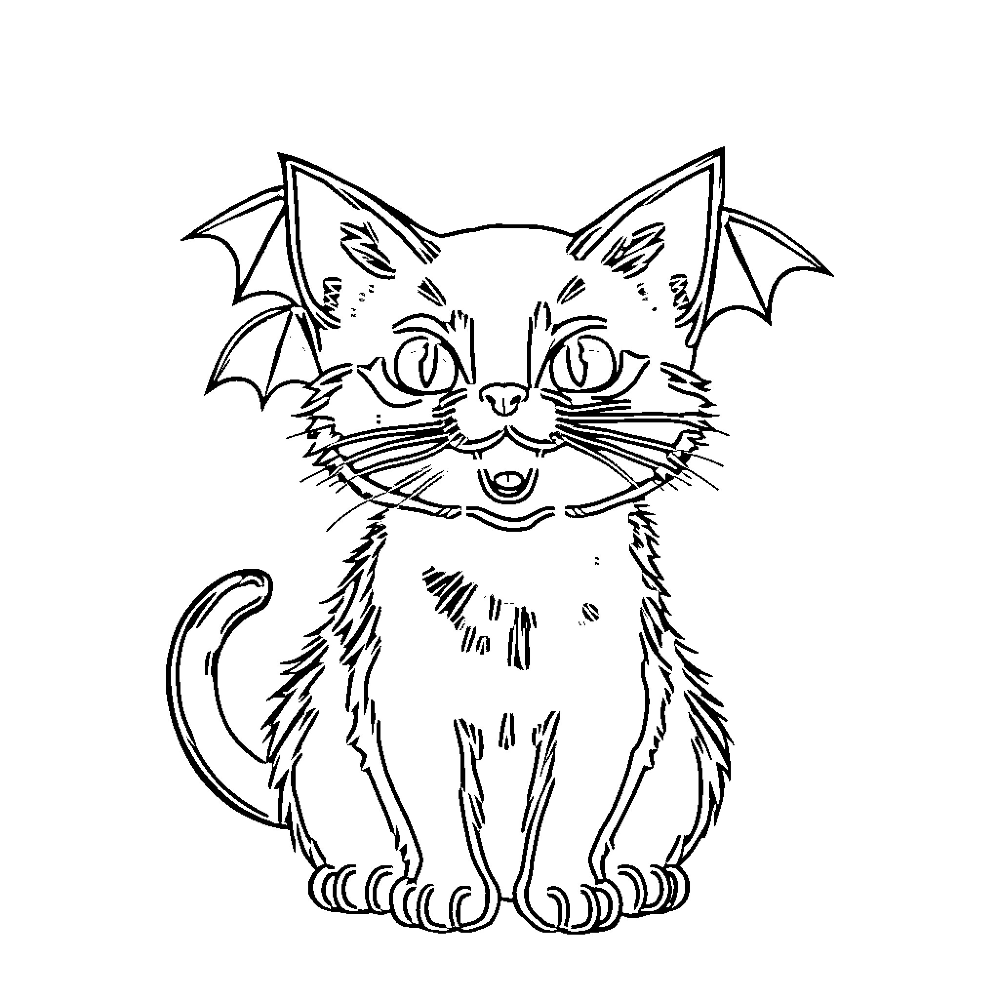 Bat-eared cat with playful expression Coloring Page (free black-and-white line drawing printable PDF for all, from beginners to advanced learners, including children, teens, adults, and seniors)