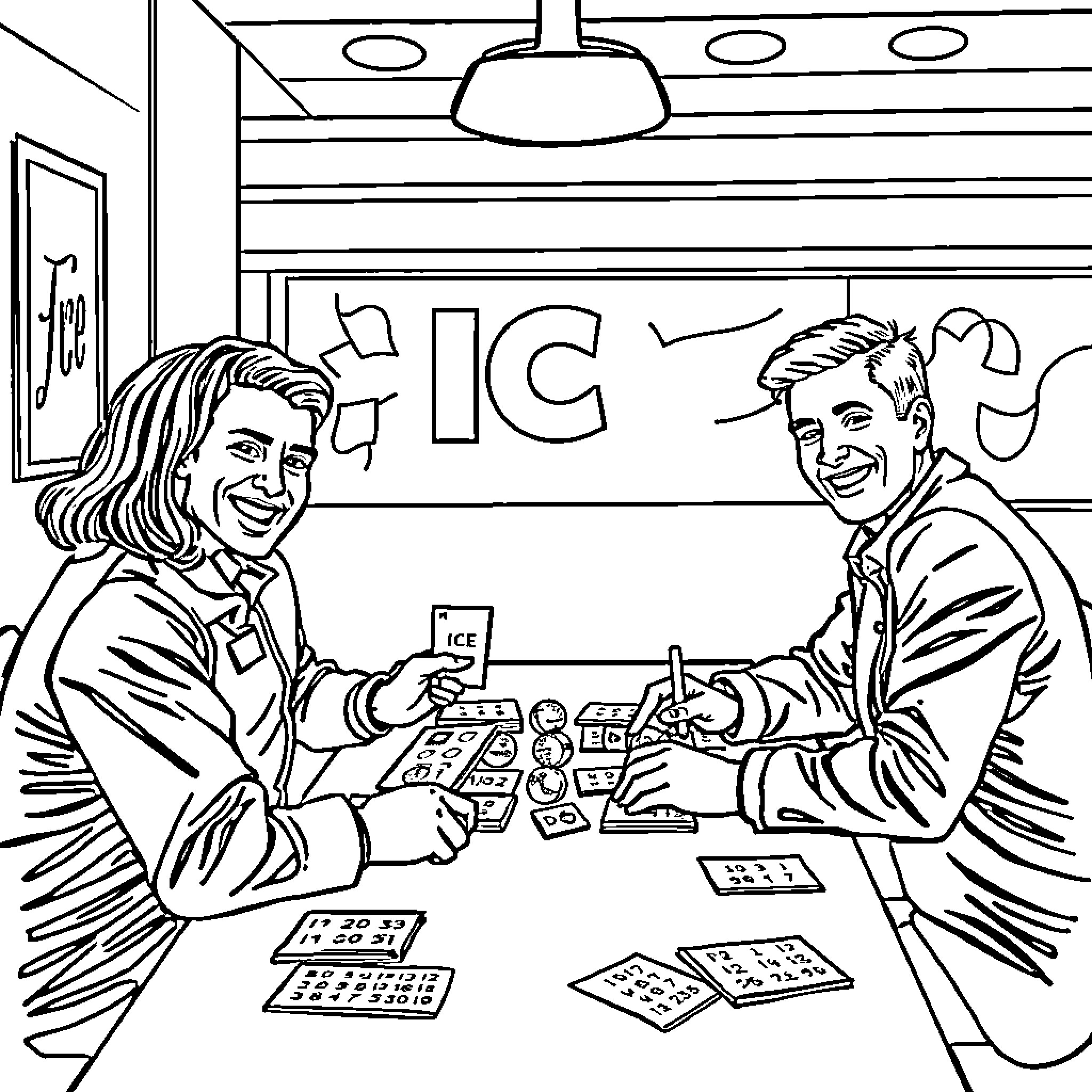 Ice Agent - Friendly Agents Assisting Customers Coloring Page (free black-and-white line drawing printable PDF for all, from beginners to advanced learners, including children, teens, adults, and seniors)